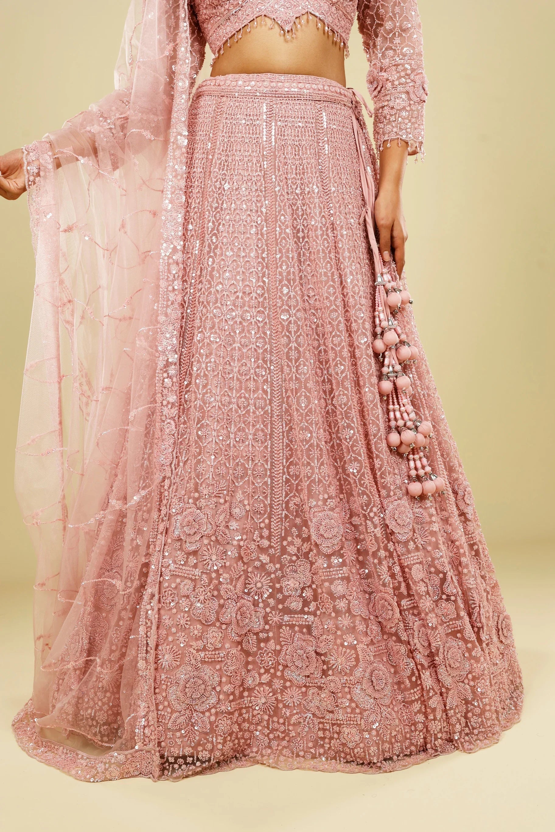 Blush Pink Net Lehenga Set with Pearl, Sequin & Cutdana Embroidery
