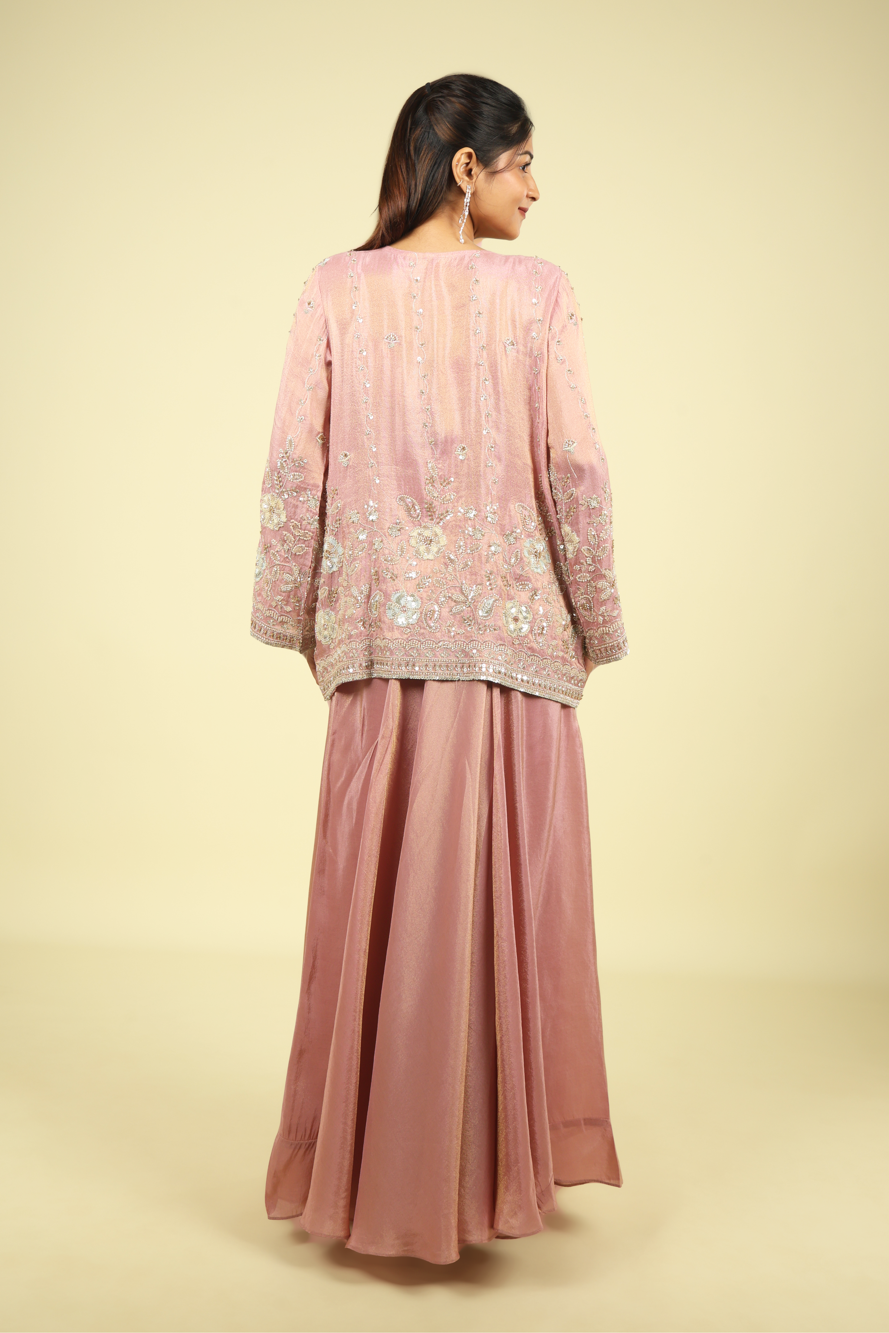 Peach Crush Tissue Cape Set - Mokshaa