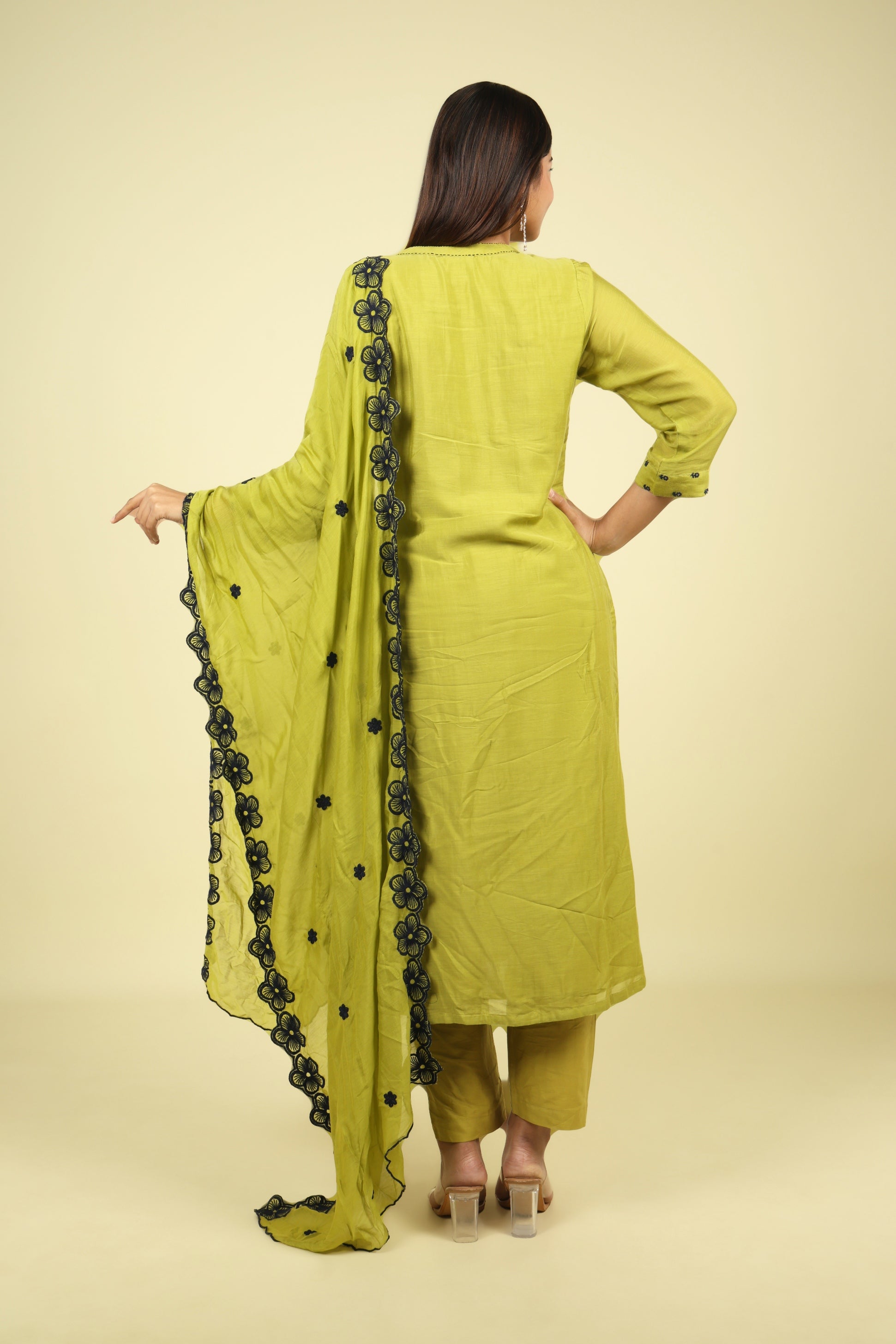 Olive Green Mul Chanderi Straight Cut Salwar Set with Navy Thread Embroidery