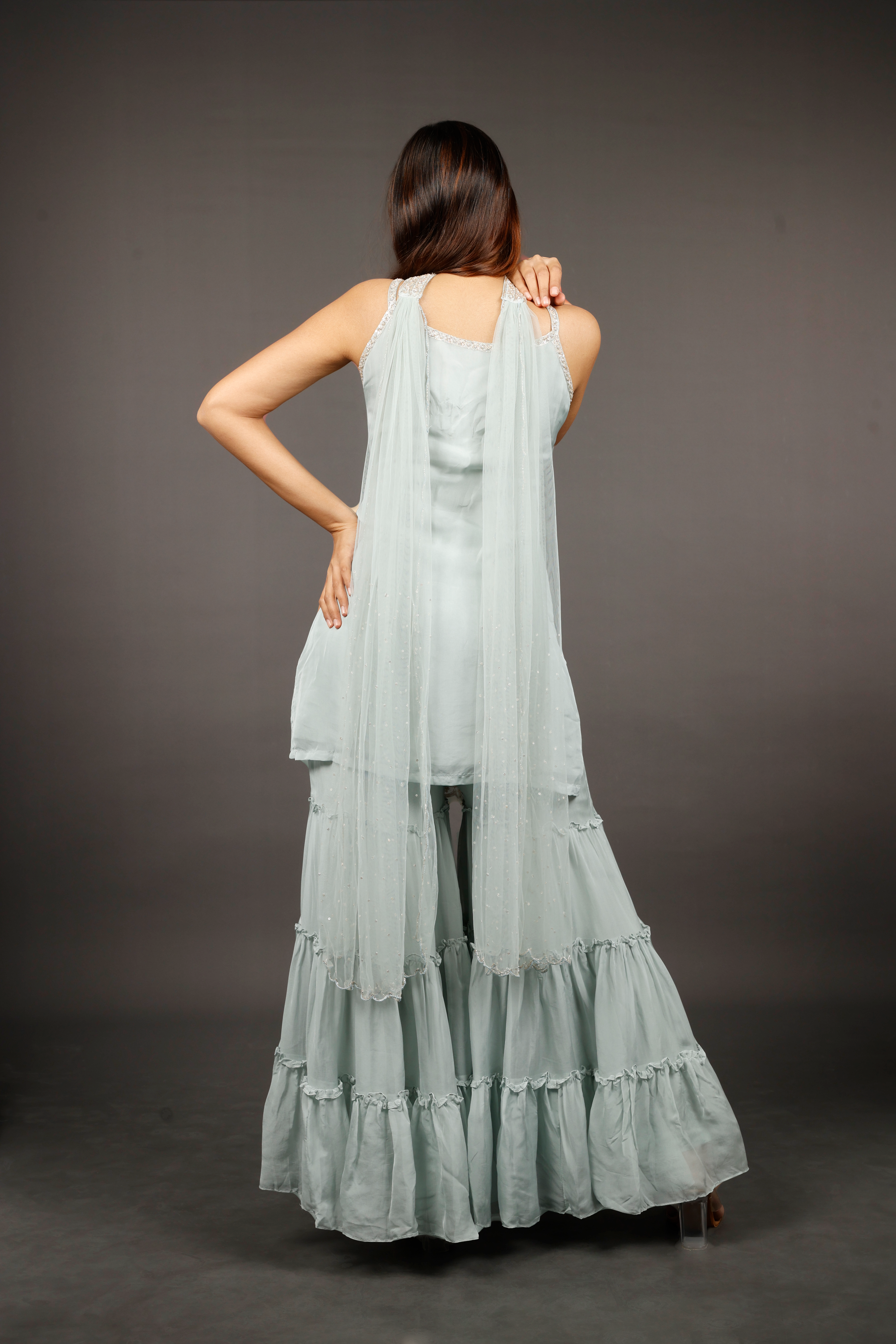 Light Blue Georgette Sharara Set with Shadow, Zari, Pearl, Cutdana & Sequin Embroidery