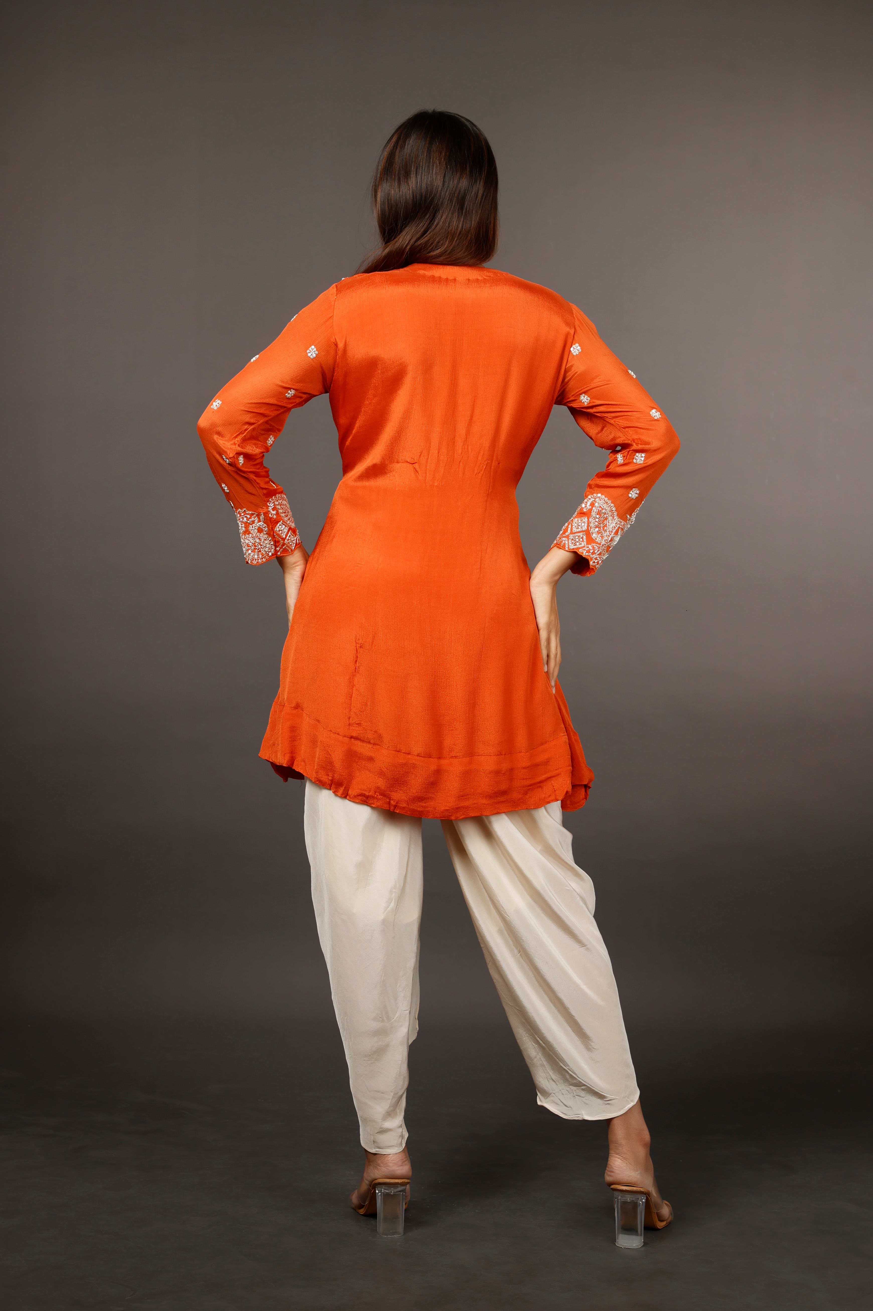 Rust Chinon Silk Indo-Western Kurta with Cream Dhoti Pants