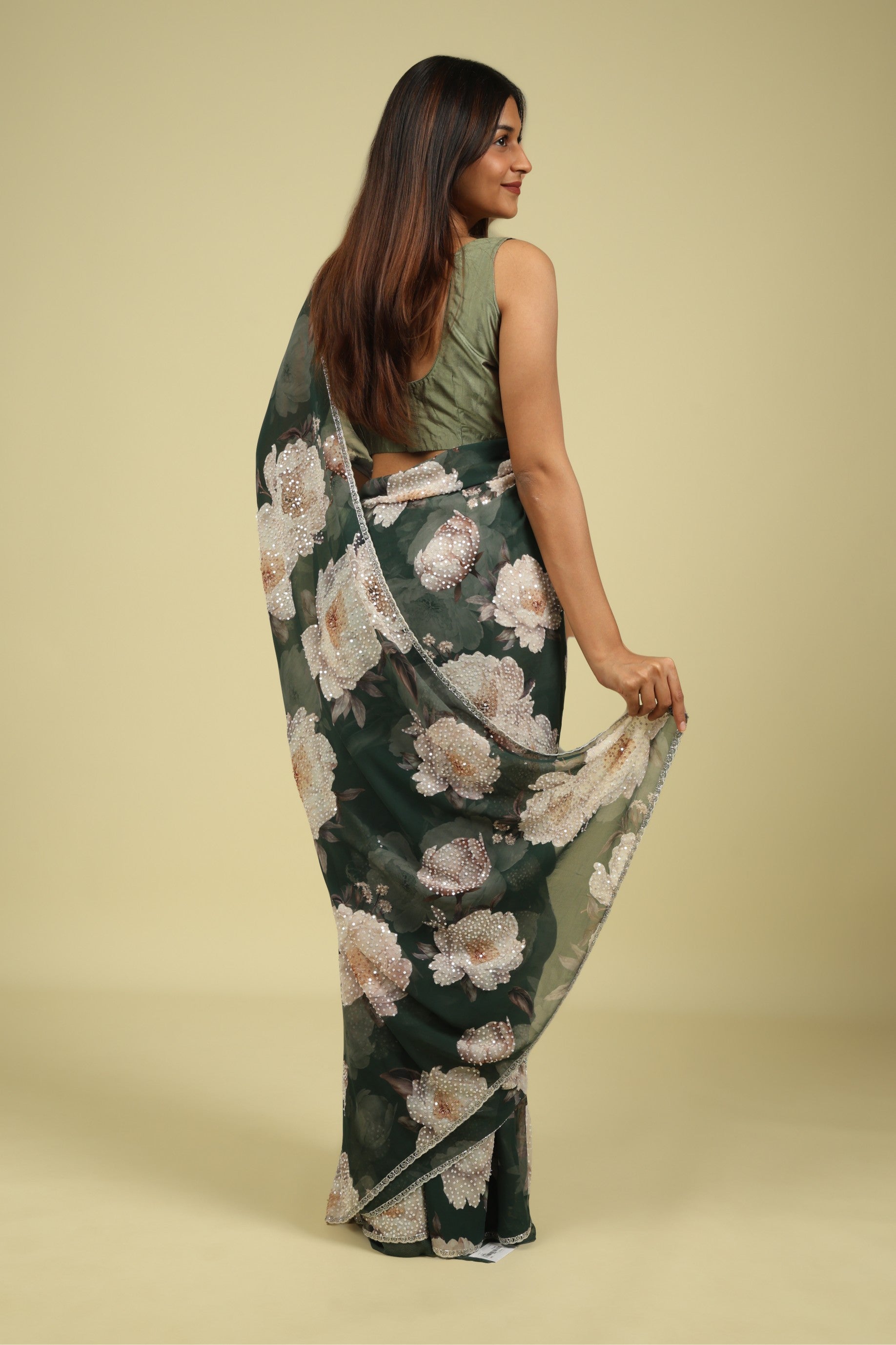 Dusty Green Saree with All-Over Digital Print & Sequin Highlights