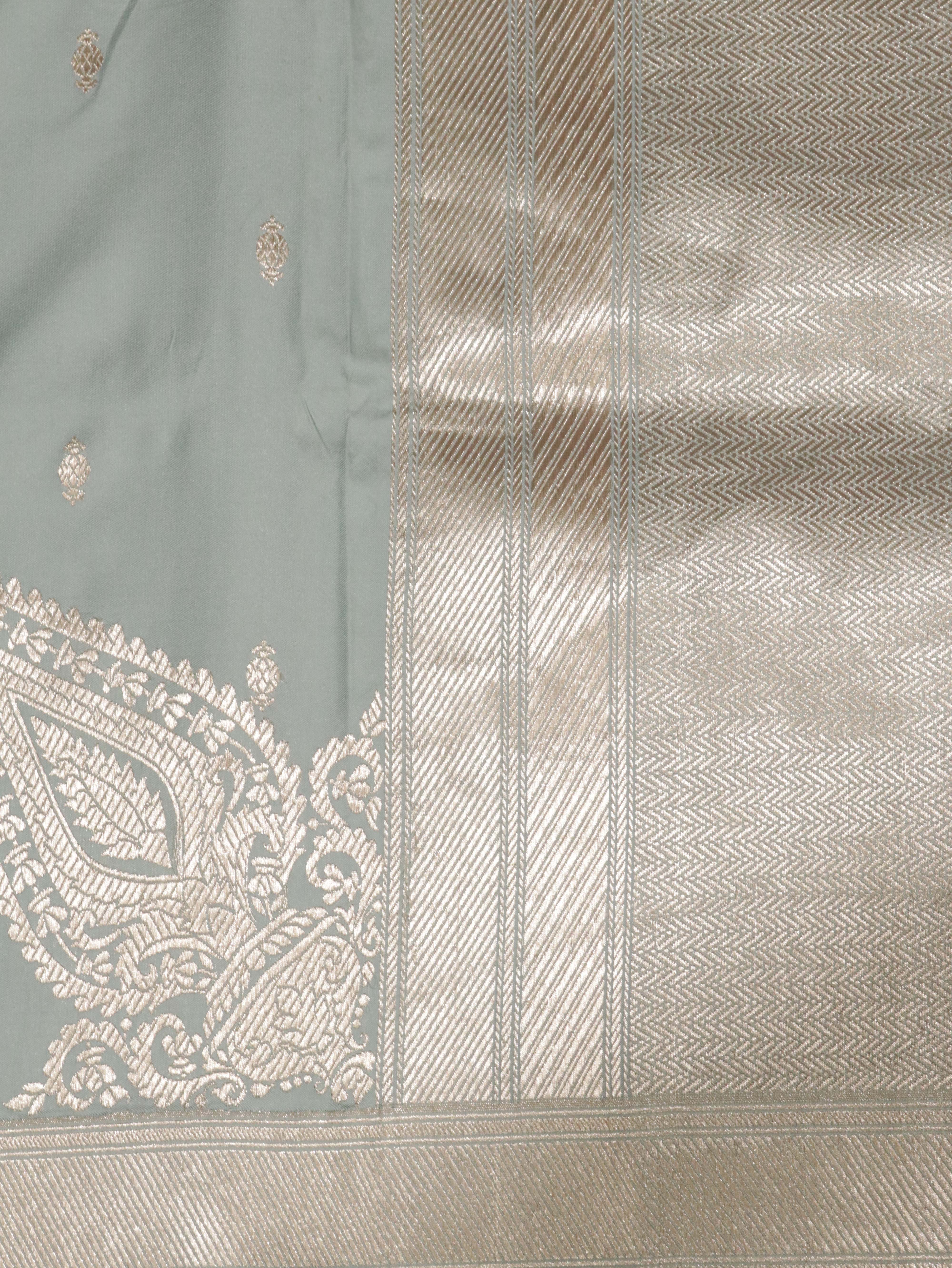 Light Blue Banarasi Mushroom Silk Saree with Silver Motifs & Silver Zari Border