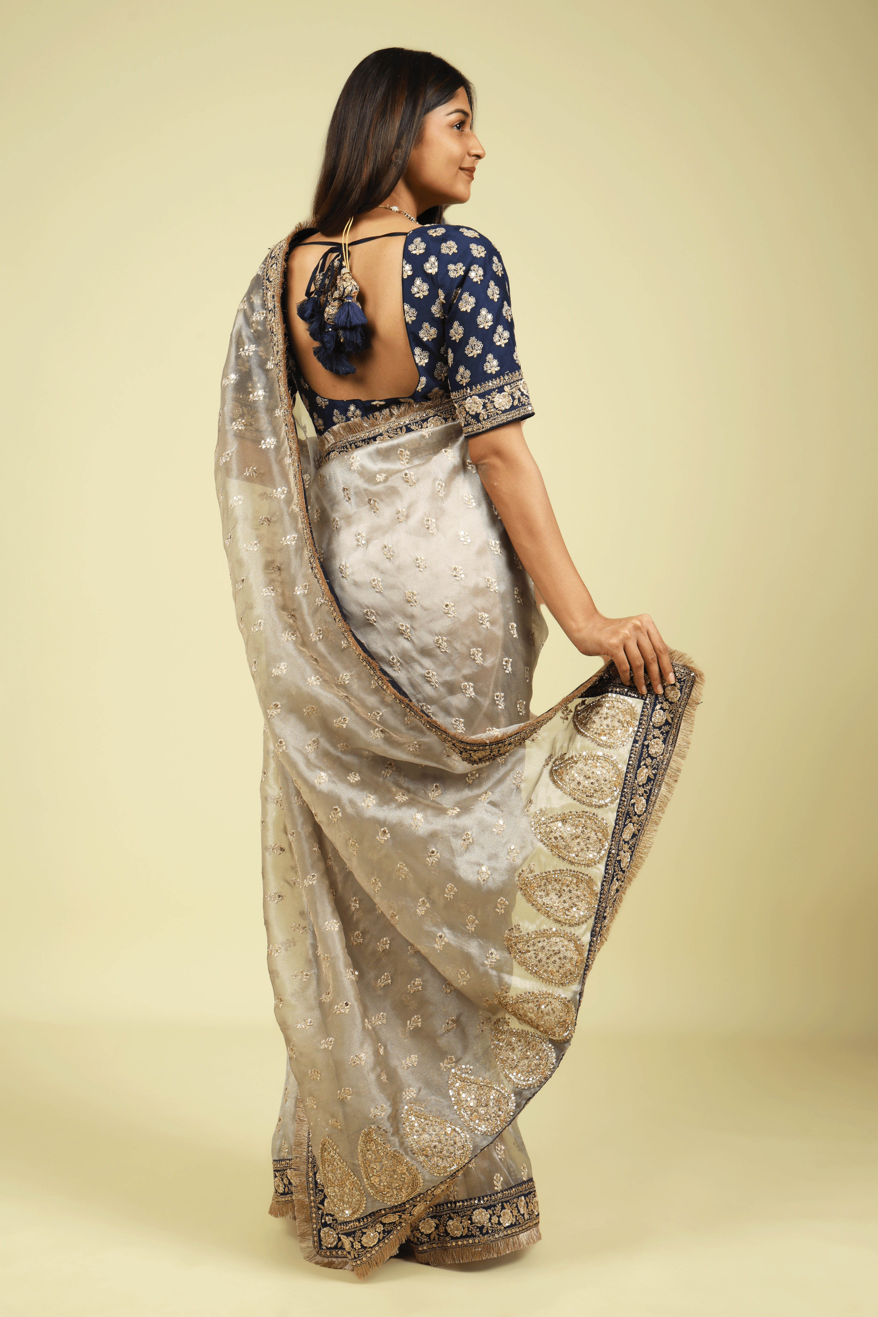 Silver Tissue Saree with Thread Motifs, Sequin Highlights & Contrast Embroidered Border