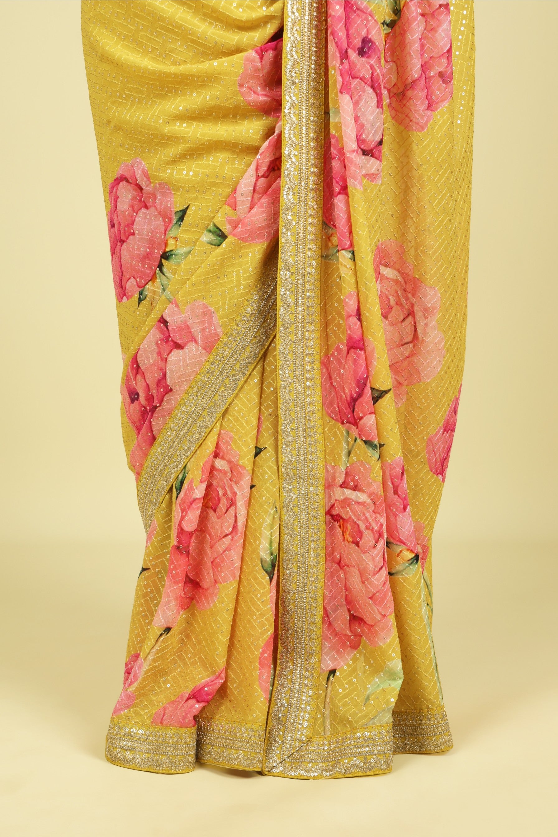 Lime Yellow Georgette Saree with Thread & Sequin Work and Digital Print Border