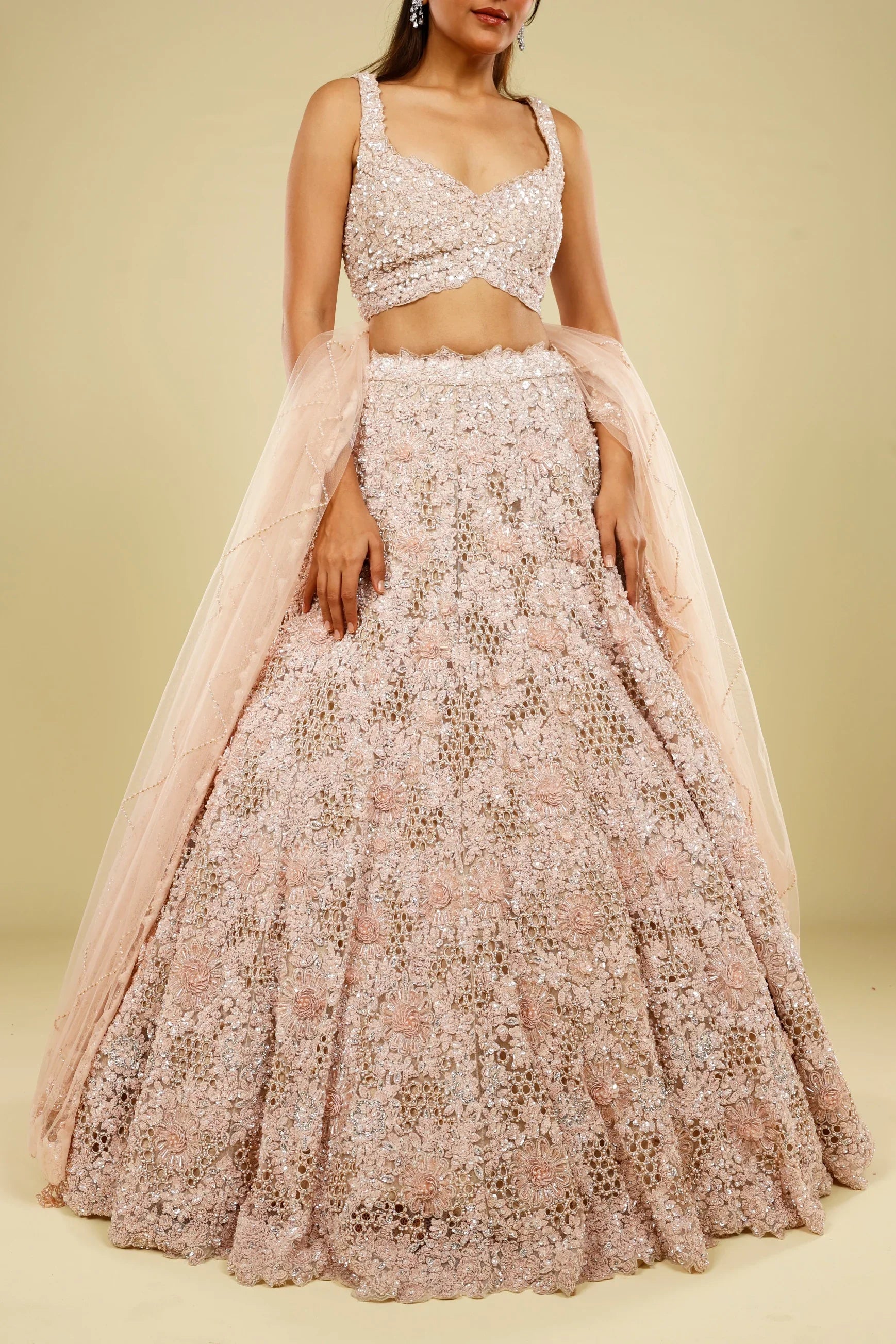 Blush Pink Net Cutwork Lehenga Set with Sequin, Stone & Pearl Embroidery