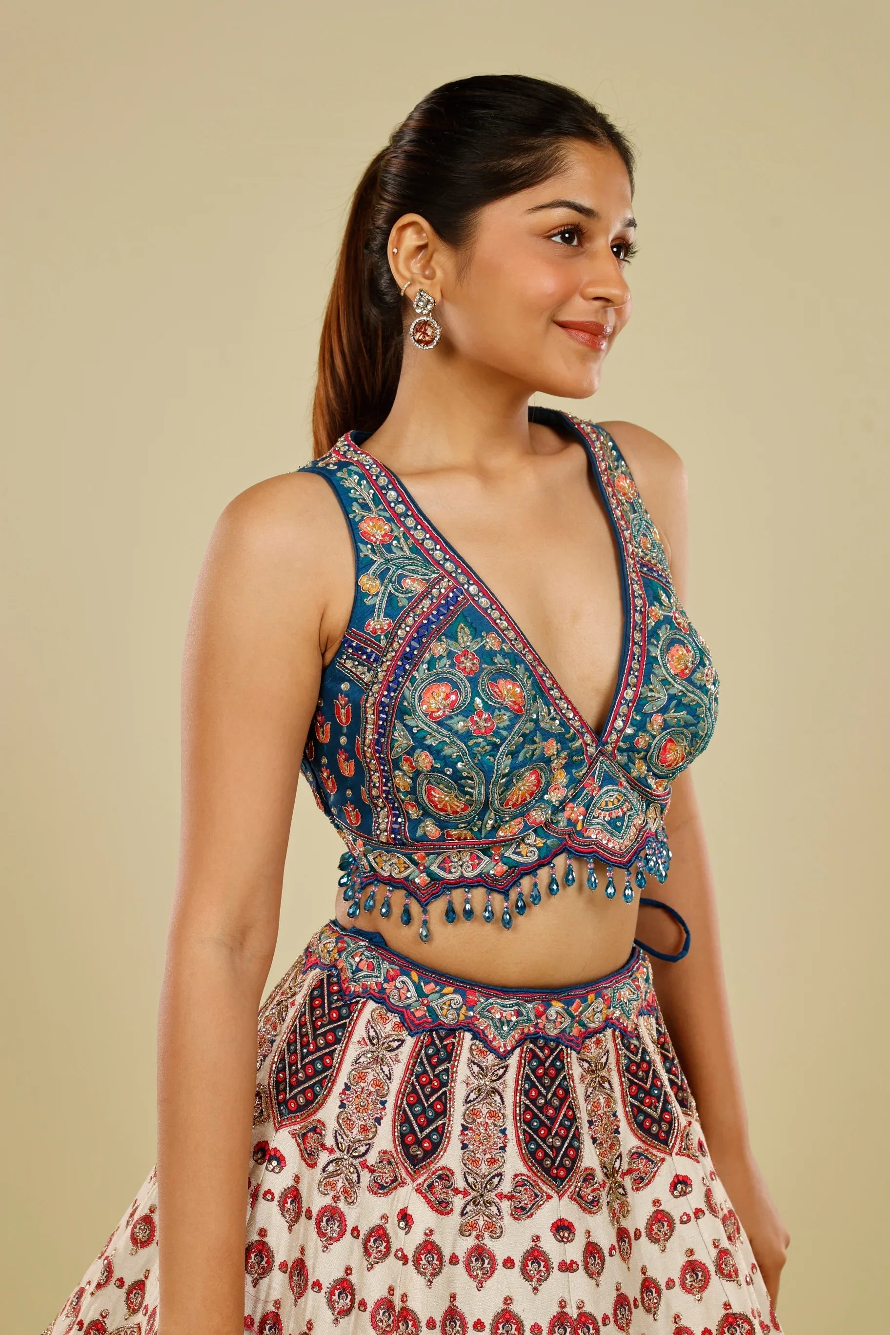 Blue Multicolour Printed Silk Lehenga Set with Zari, Sequin & Cutdana Highlights | Mokshaa