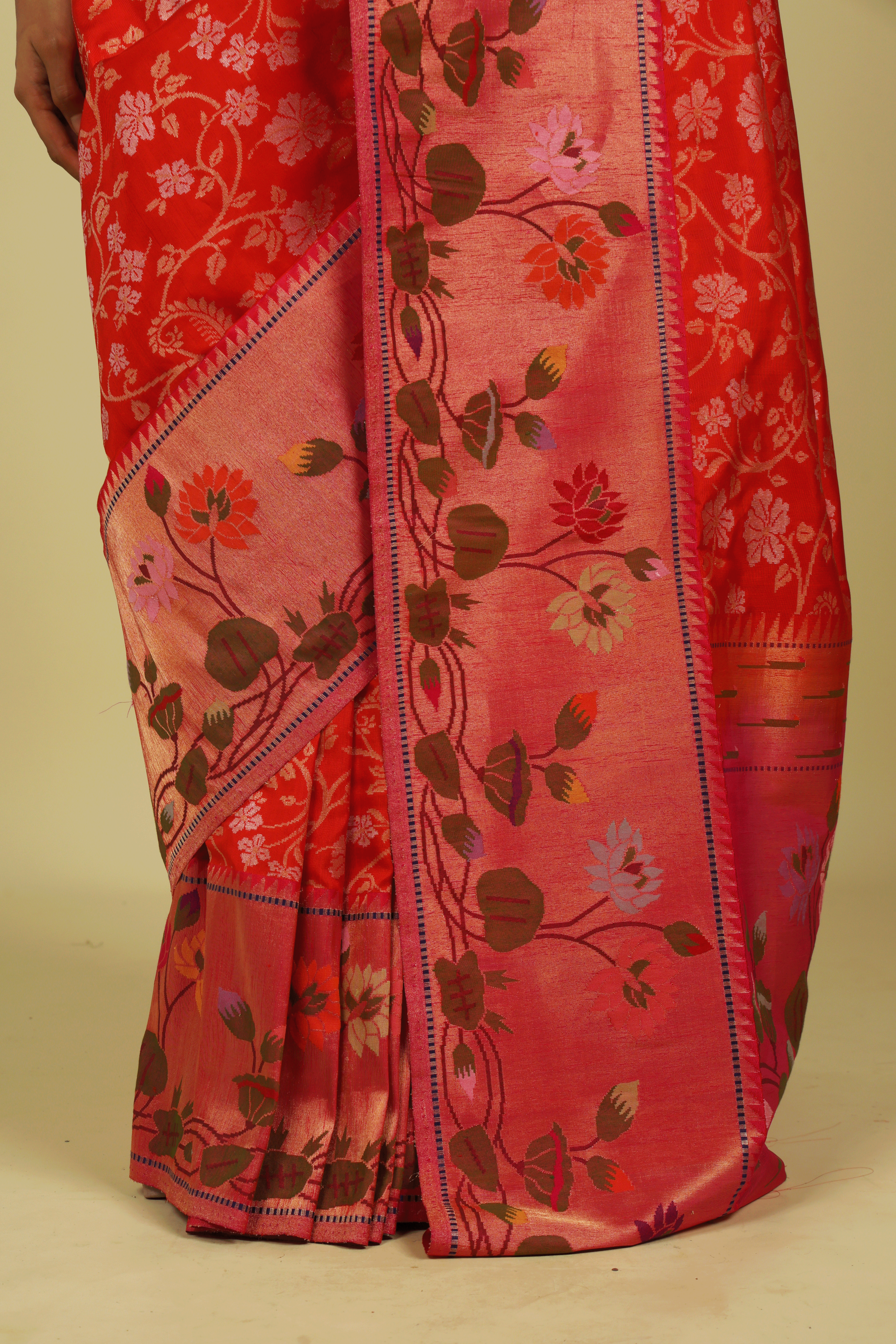 Orange Banarasi Silk Saree with Gold & Silver Zari Jaal and Jamdani Border