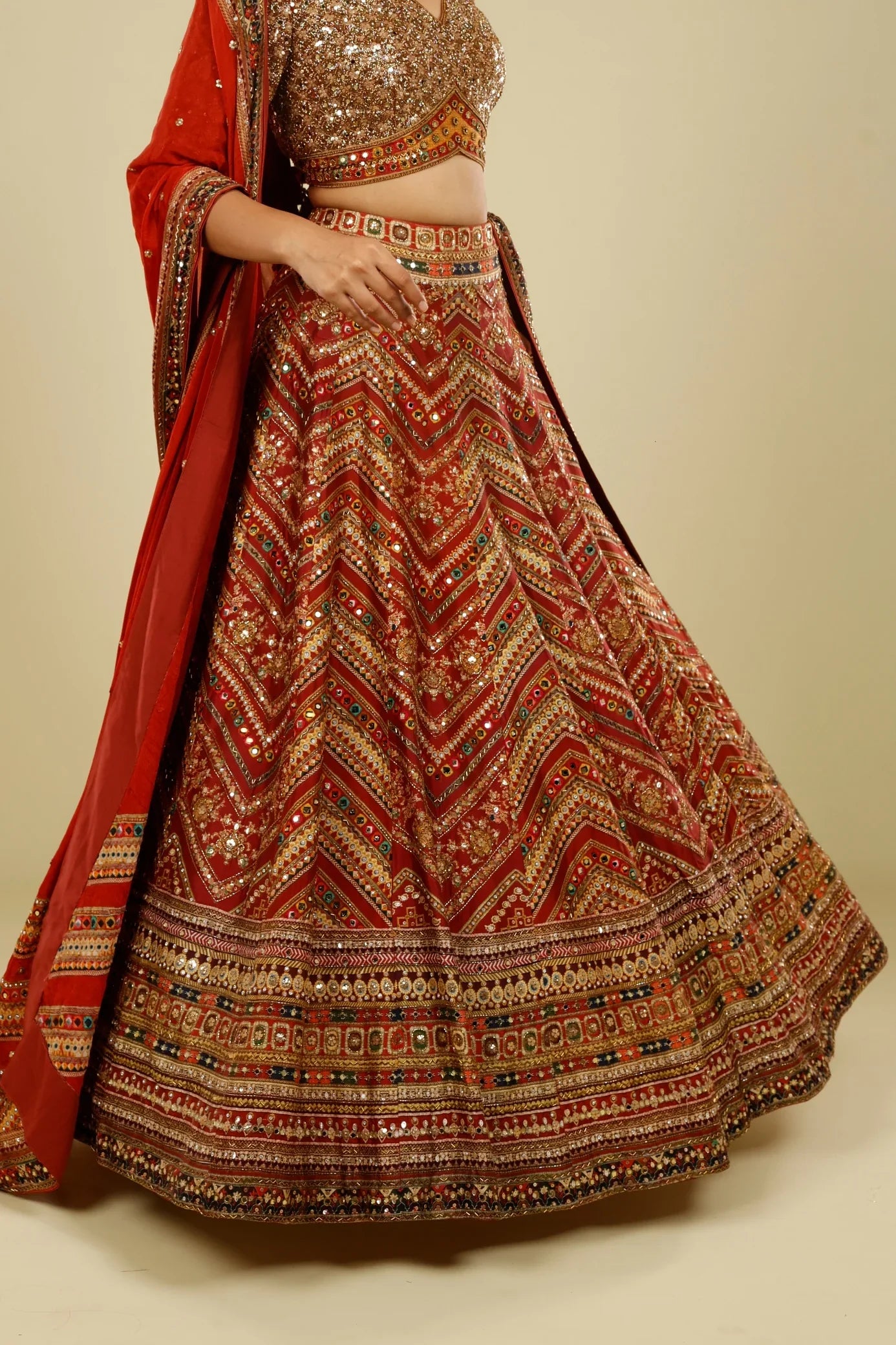 Rust Printed Silk Lehenga Set with Sequin & Kutdana Embroidery | Mokshaa