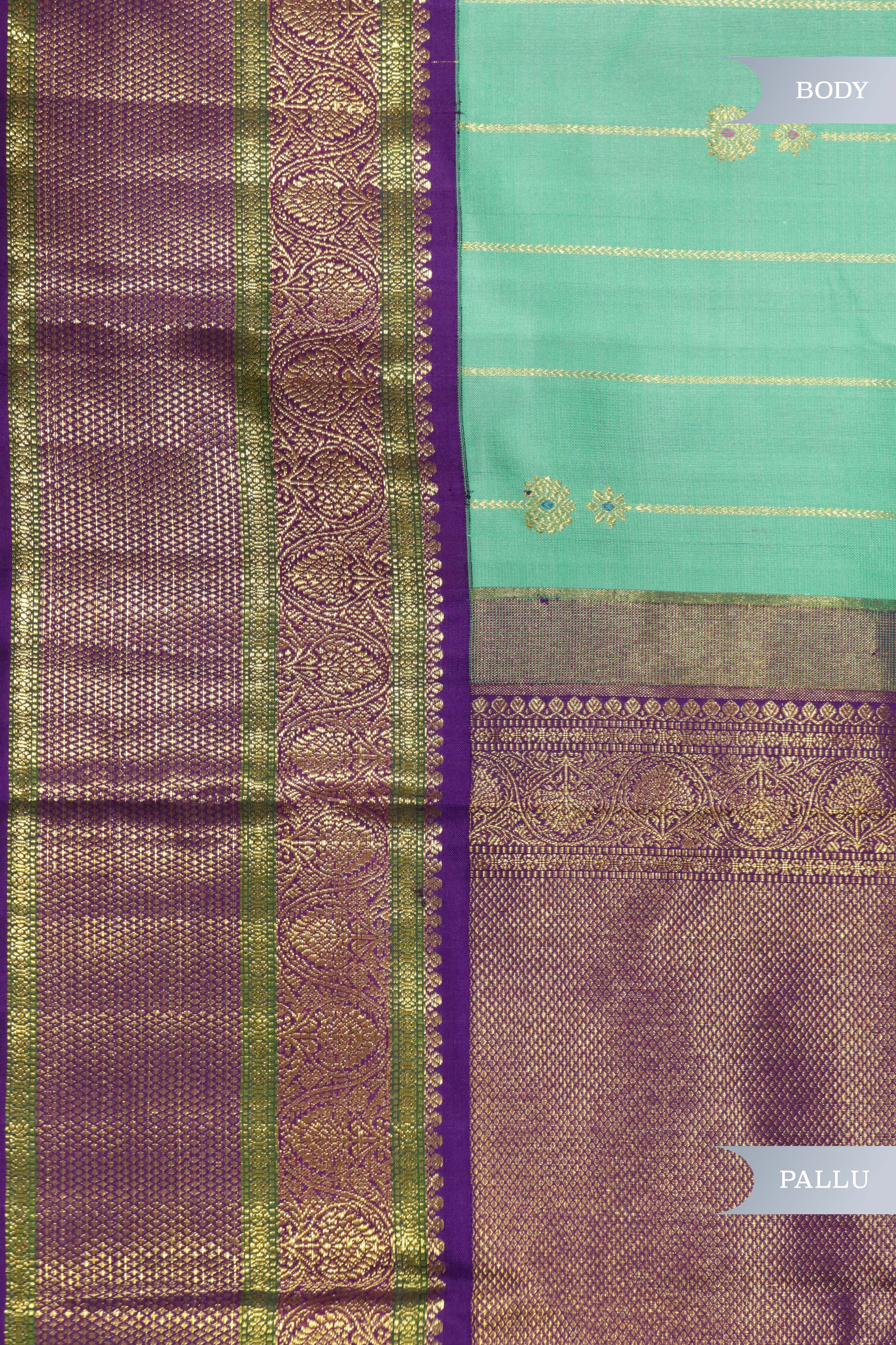 Turquoise Blue Kanchipuram Silk Saree with Zari Stripes, Buttas & Contrast Border