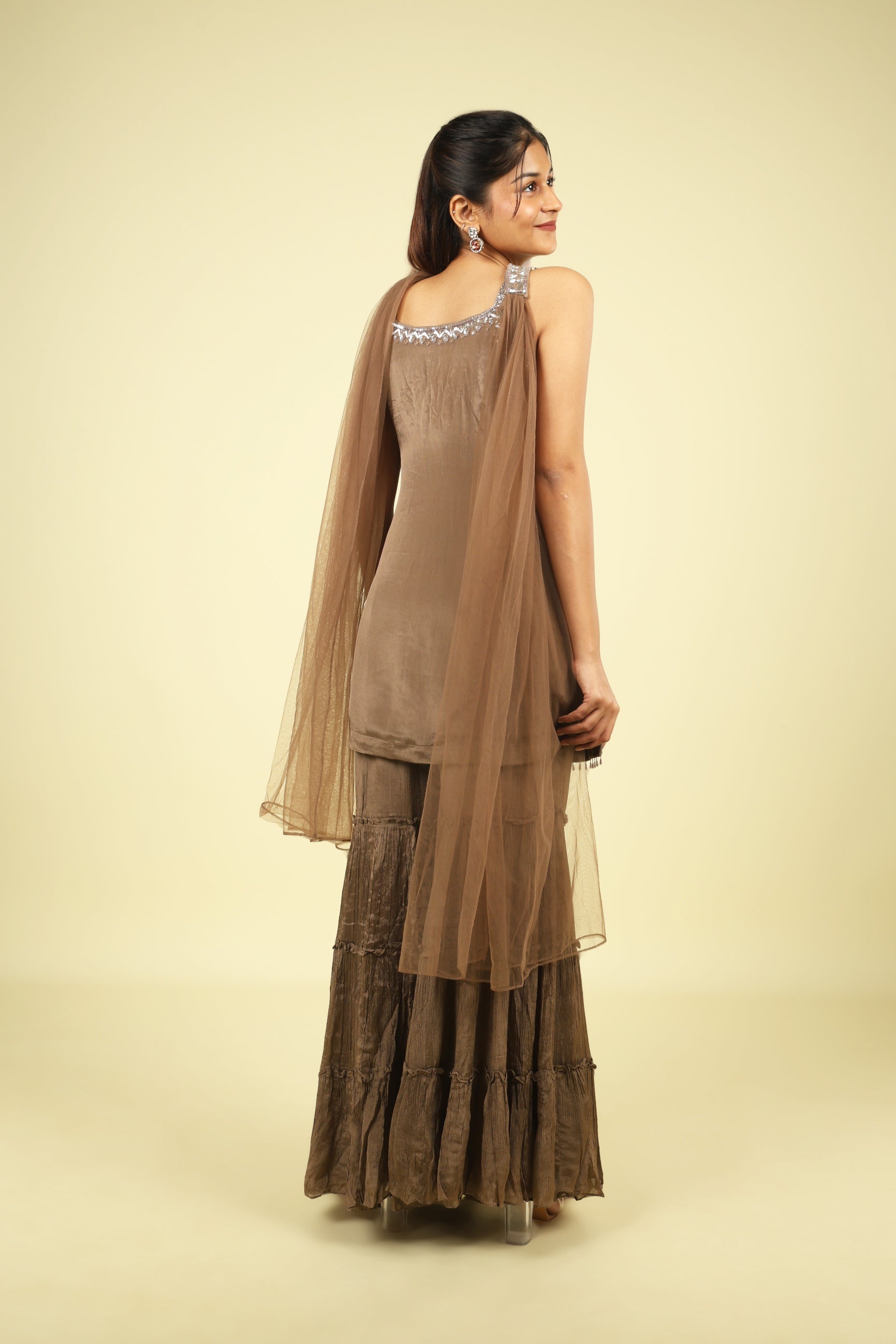 Brown Embroidered Chinon Sharara Set - Mokshaa