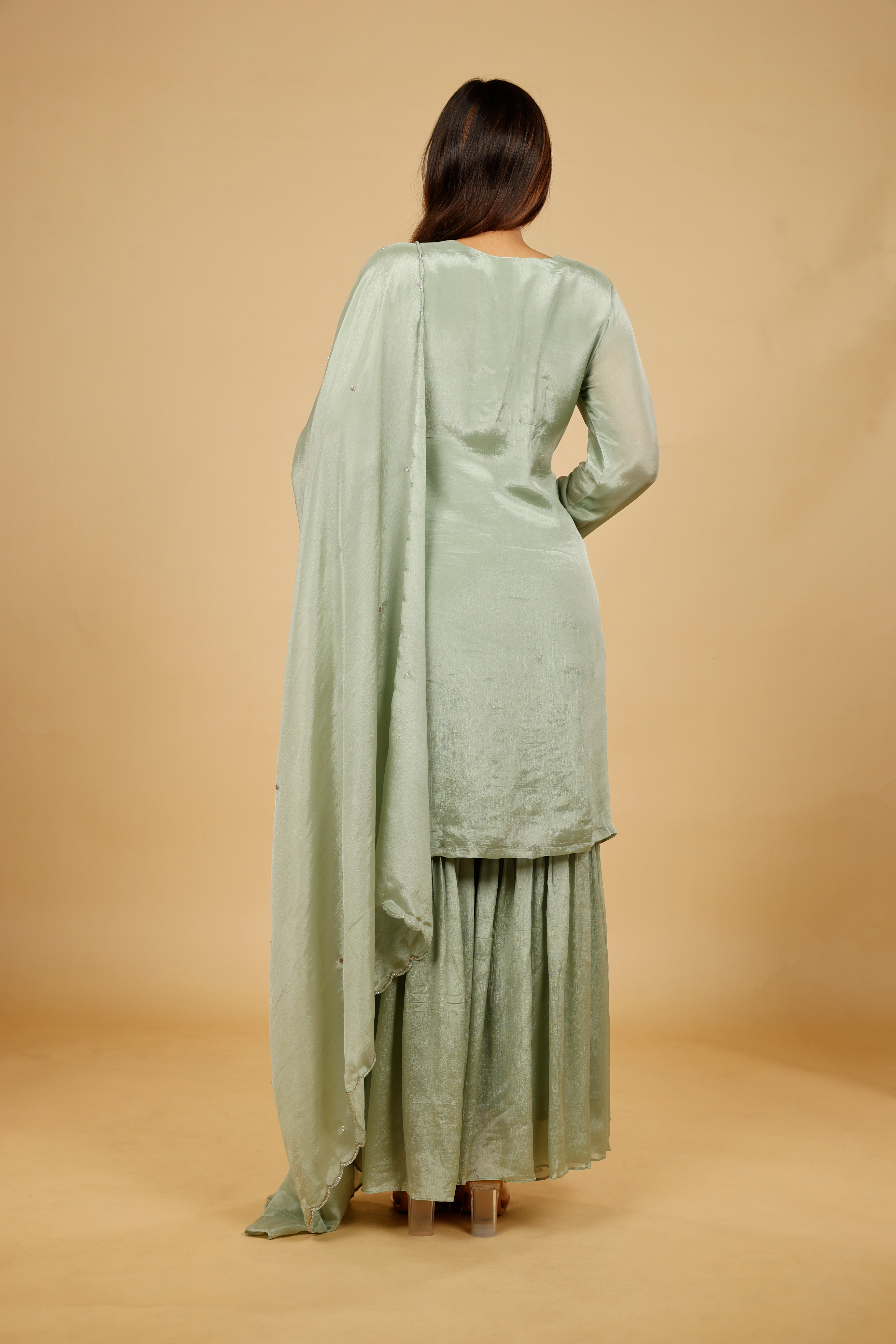 Mint Green Chinon Silk Sharara Set with Kutdana & Pearl Embroidery