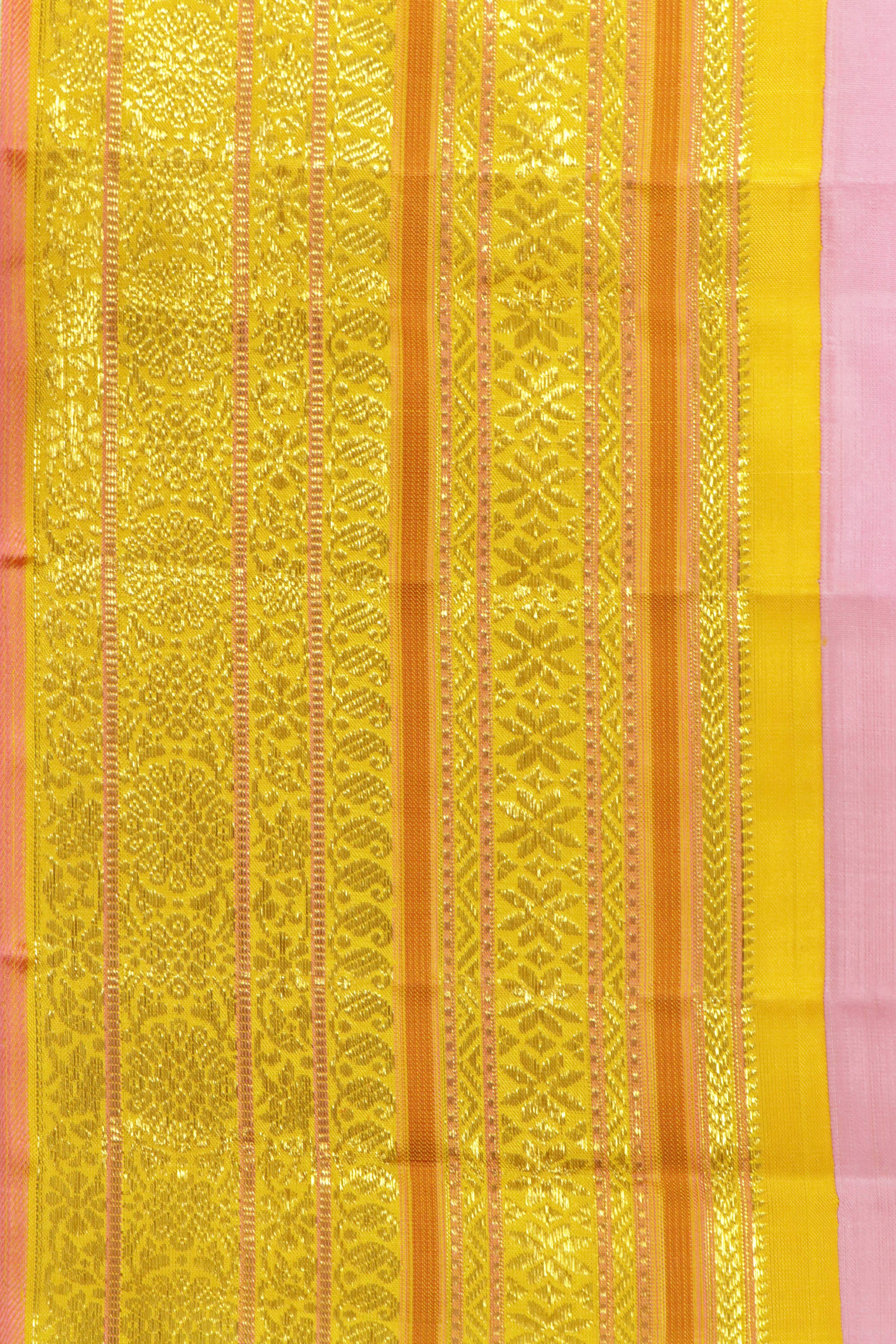 Baby Pink Kanchipuram Silk Saree with Fancy Motifs and Contrast Zari Border