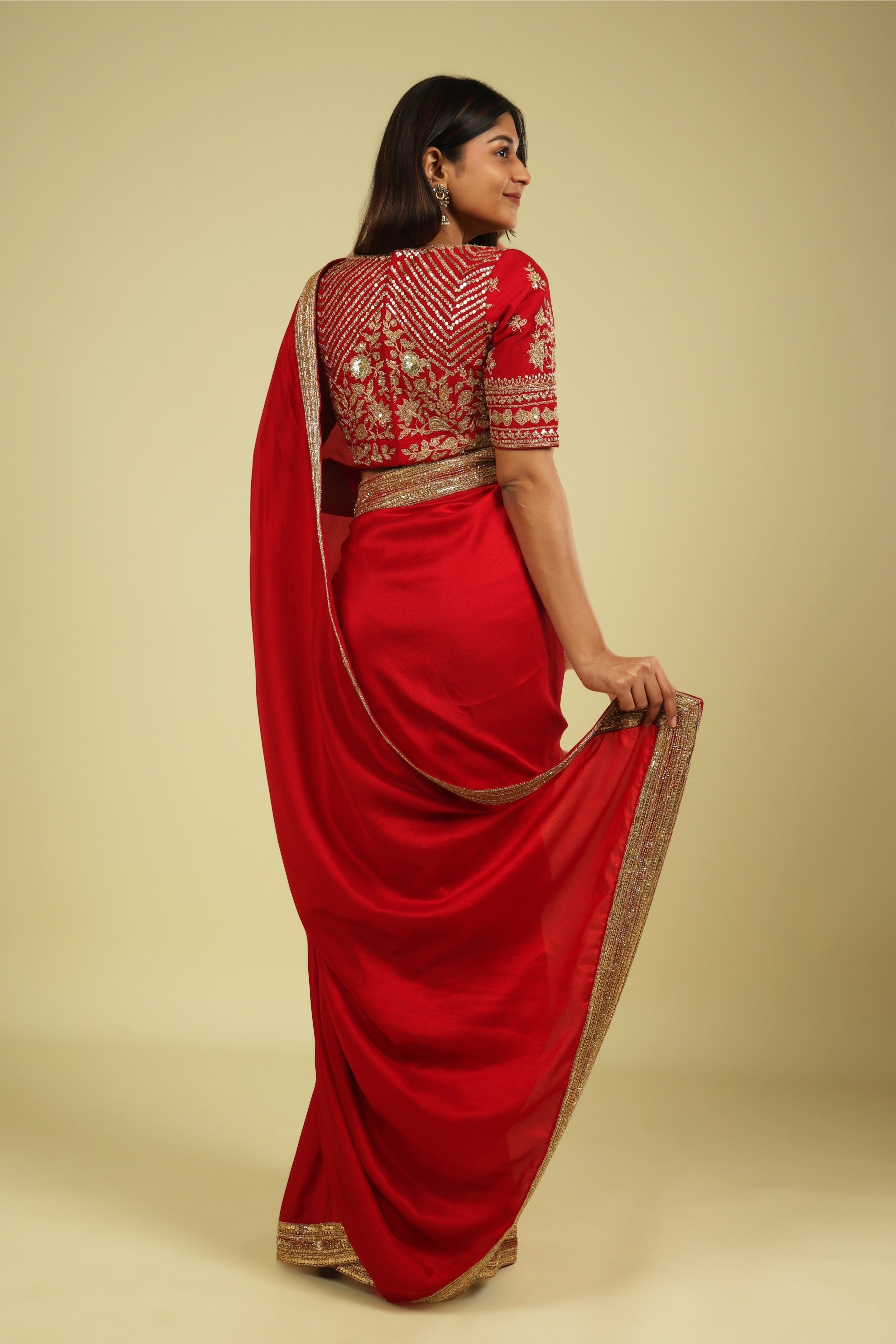 Red Tussar Georgette Saree with Bead & Sequin Border