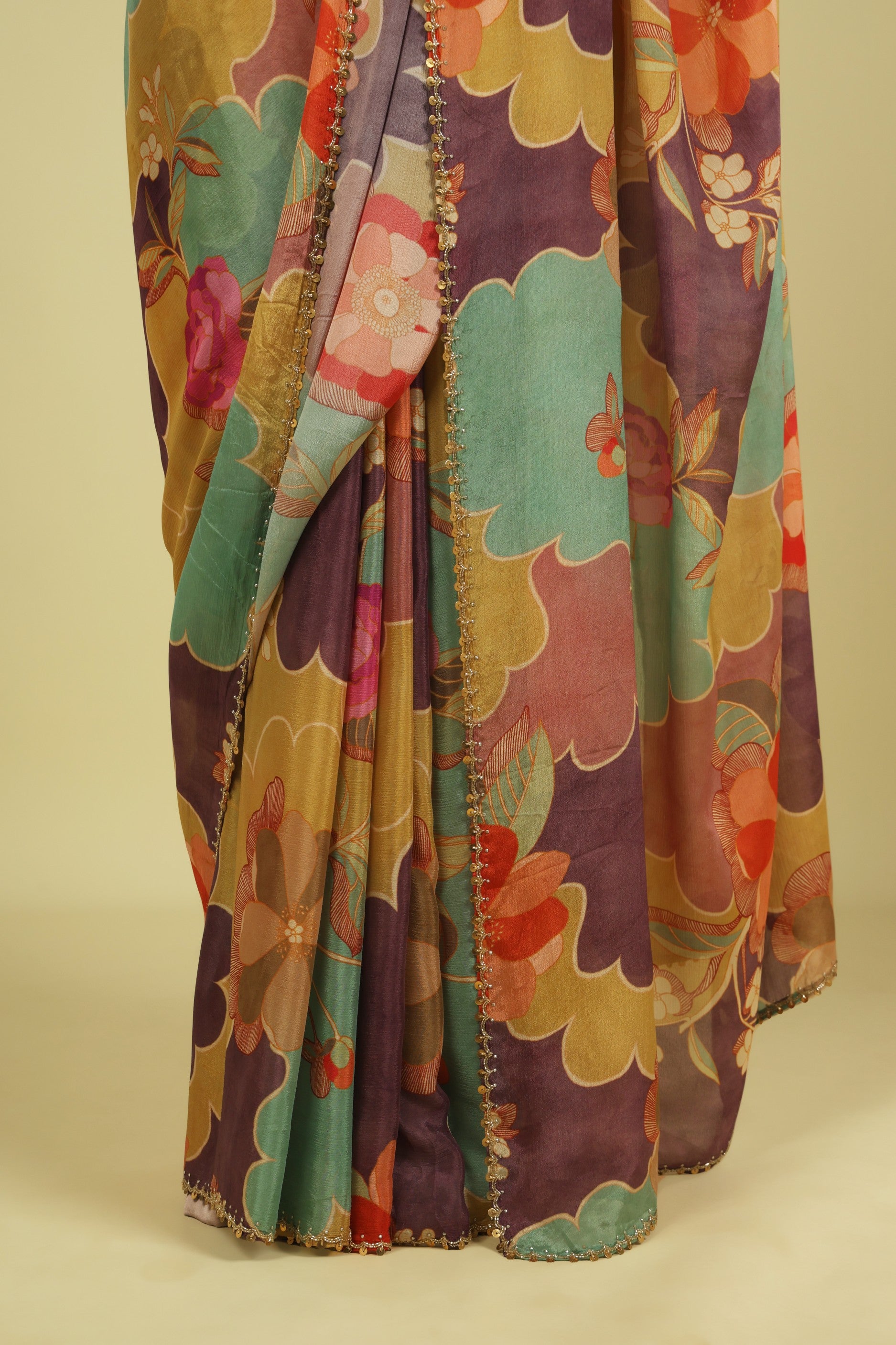 Multicolour Silky Georgette Saree with Digital Print & Bead-Sequin Border