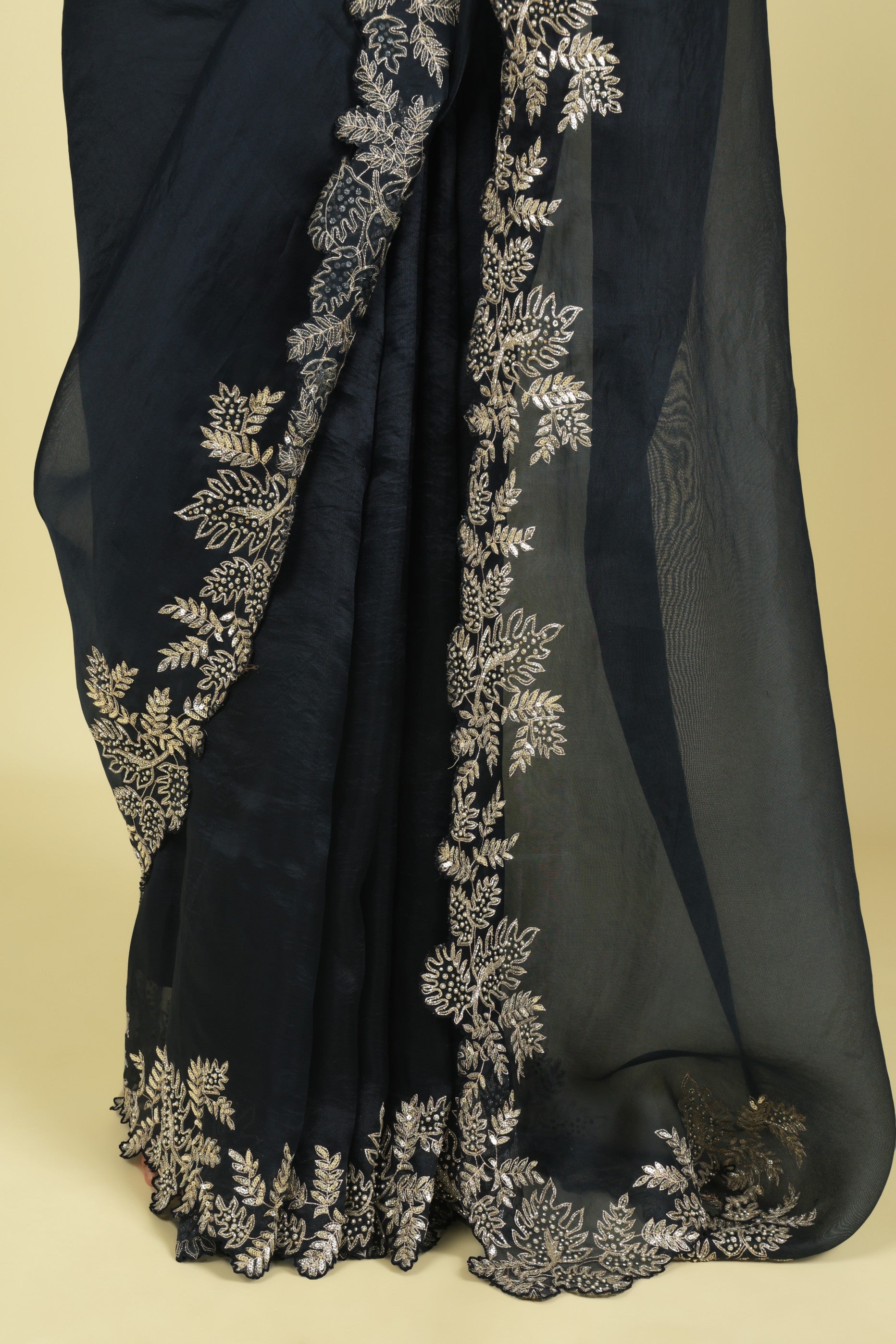 Navy Blue Organza Saree with Aari Beads, Sequins & Fancy Cut Border
