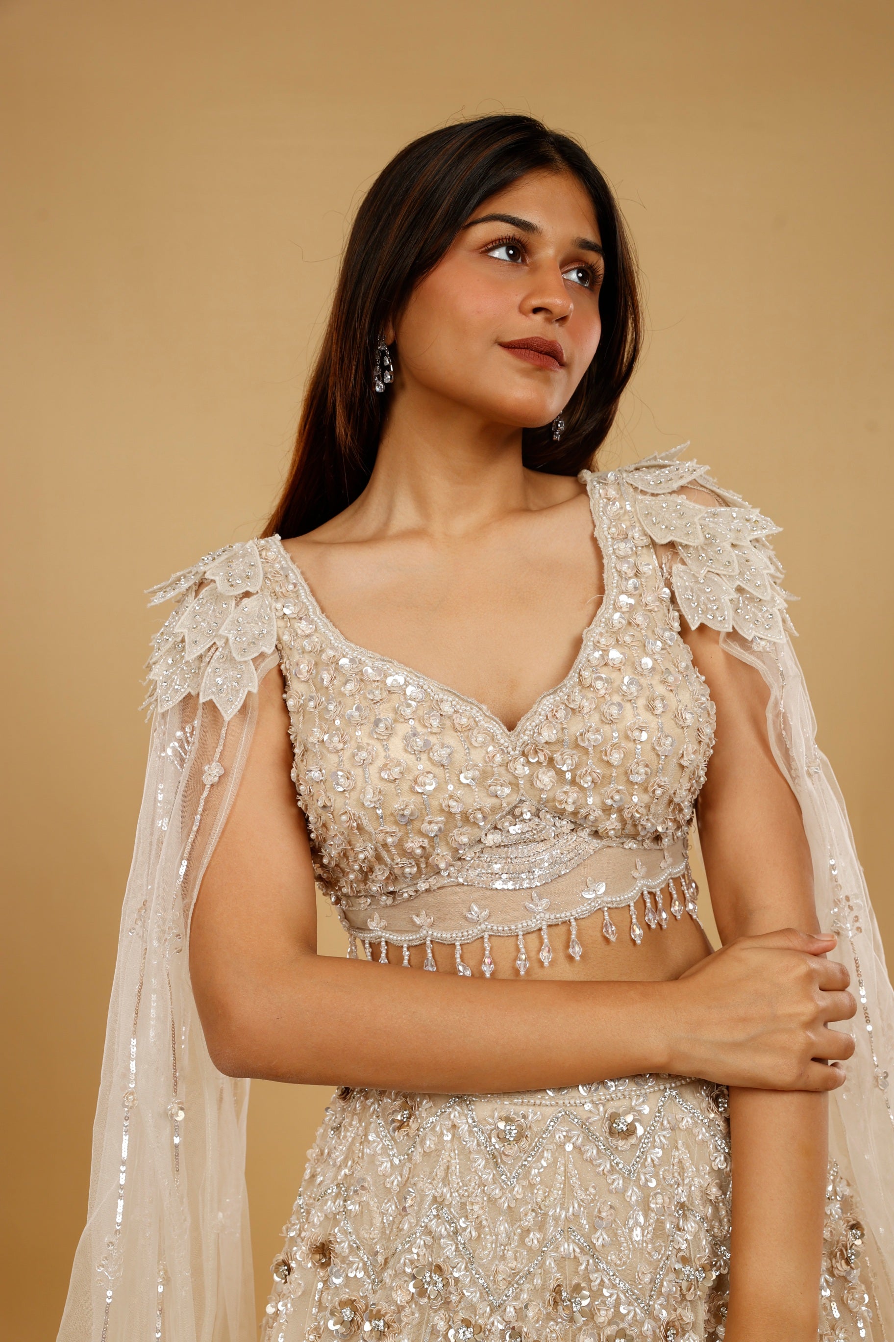 Beige Gold Net Lehenga Set with Sequin, Cutdana & Stone Embroidery