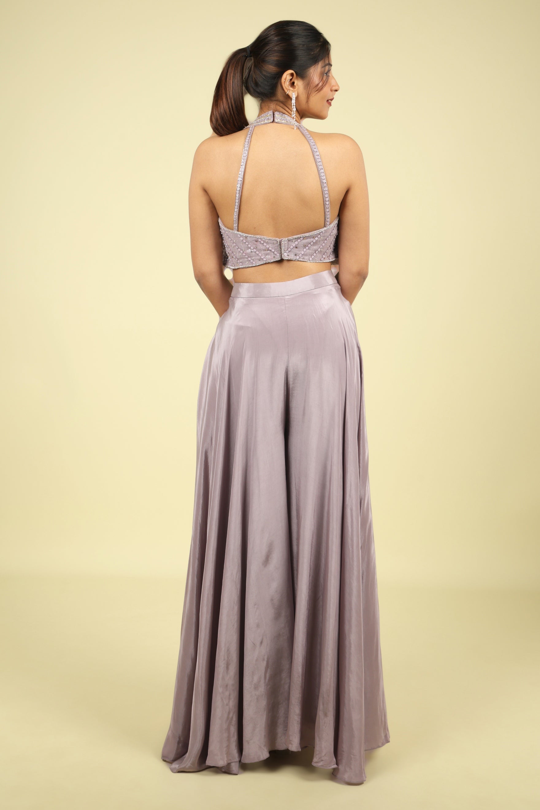 Lavender Embroidered Crepe Halter Palazzo Set