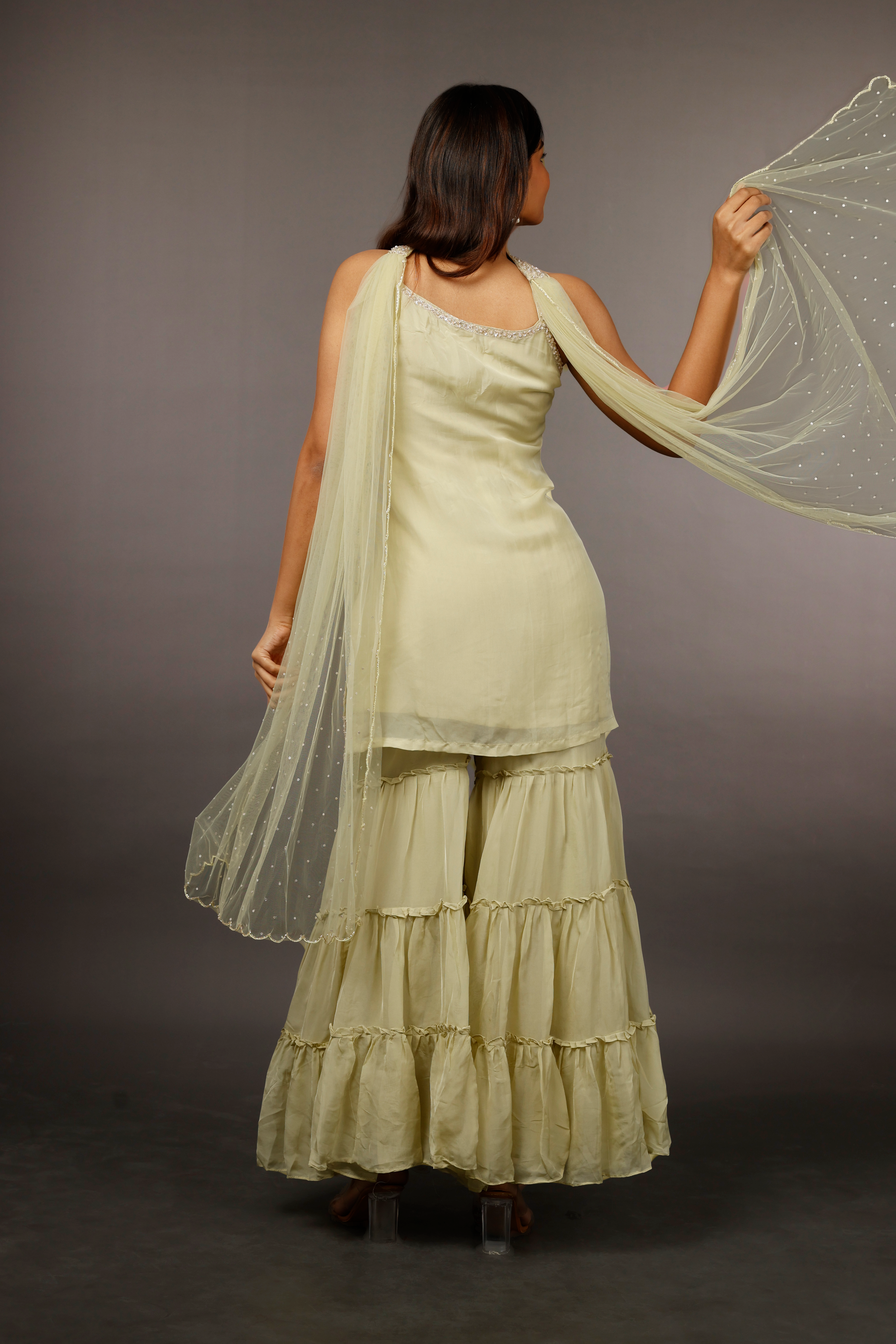 Light Green Georgette Sharara Set with Shadow, Zari, Pearl, Cutdana & Sequin Embroidery