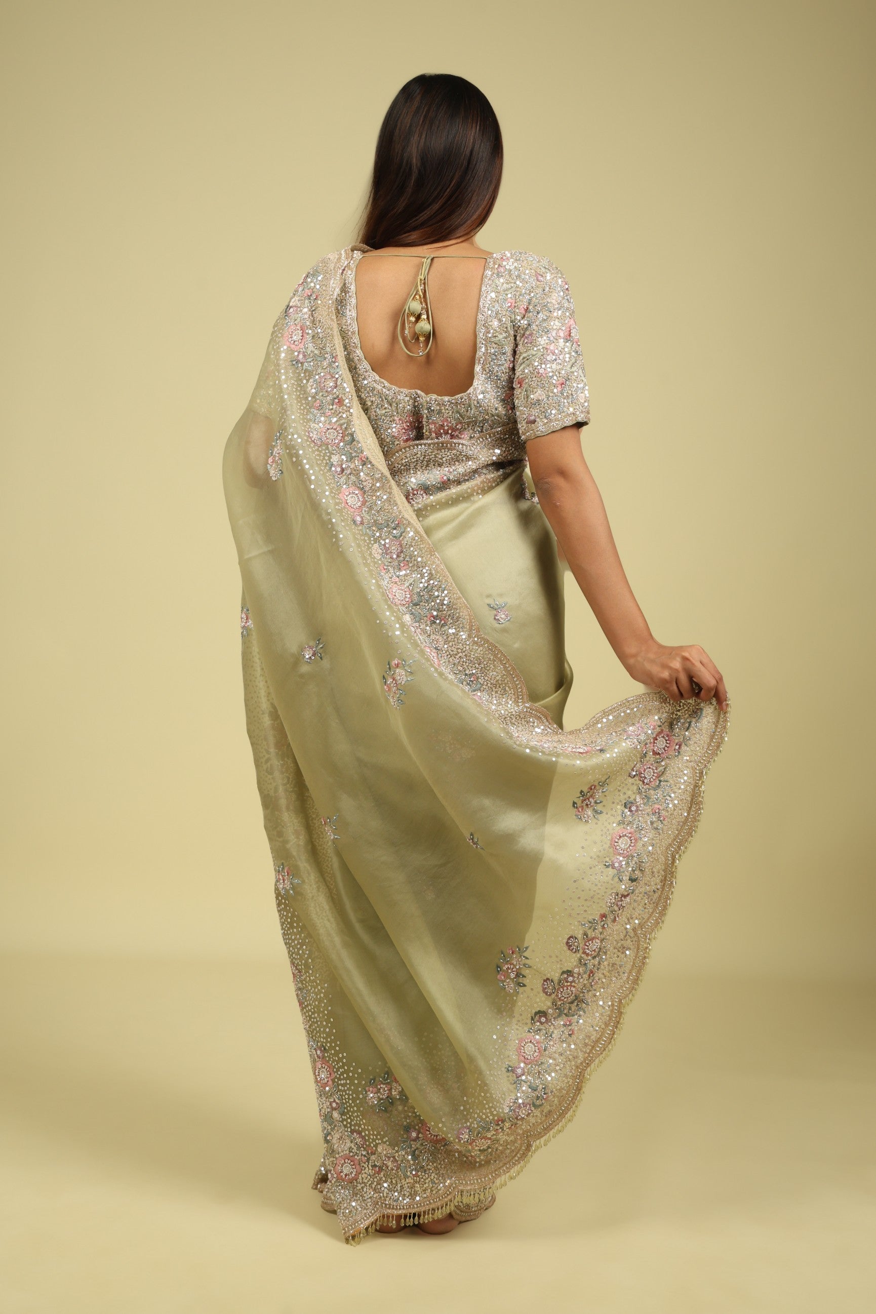 Light Green Organza Saree with Sequin & Thread Embroidery Motifs