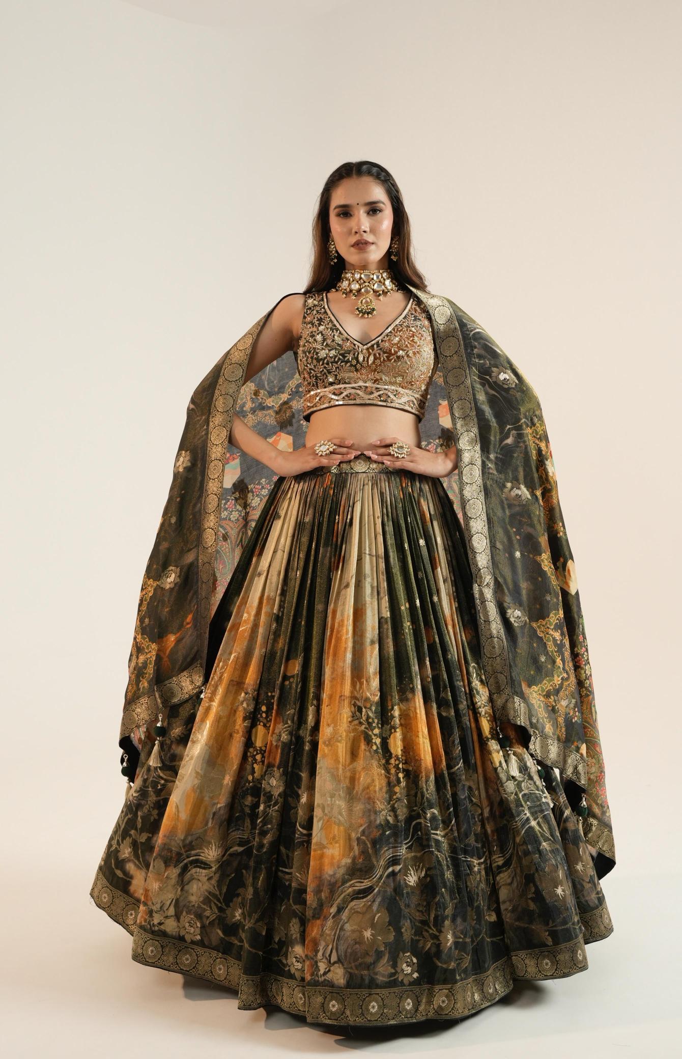 Olive Green Printed Lehenga Set