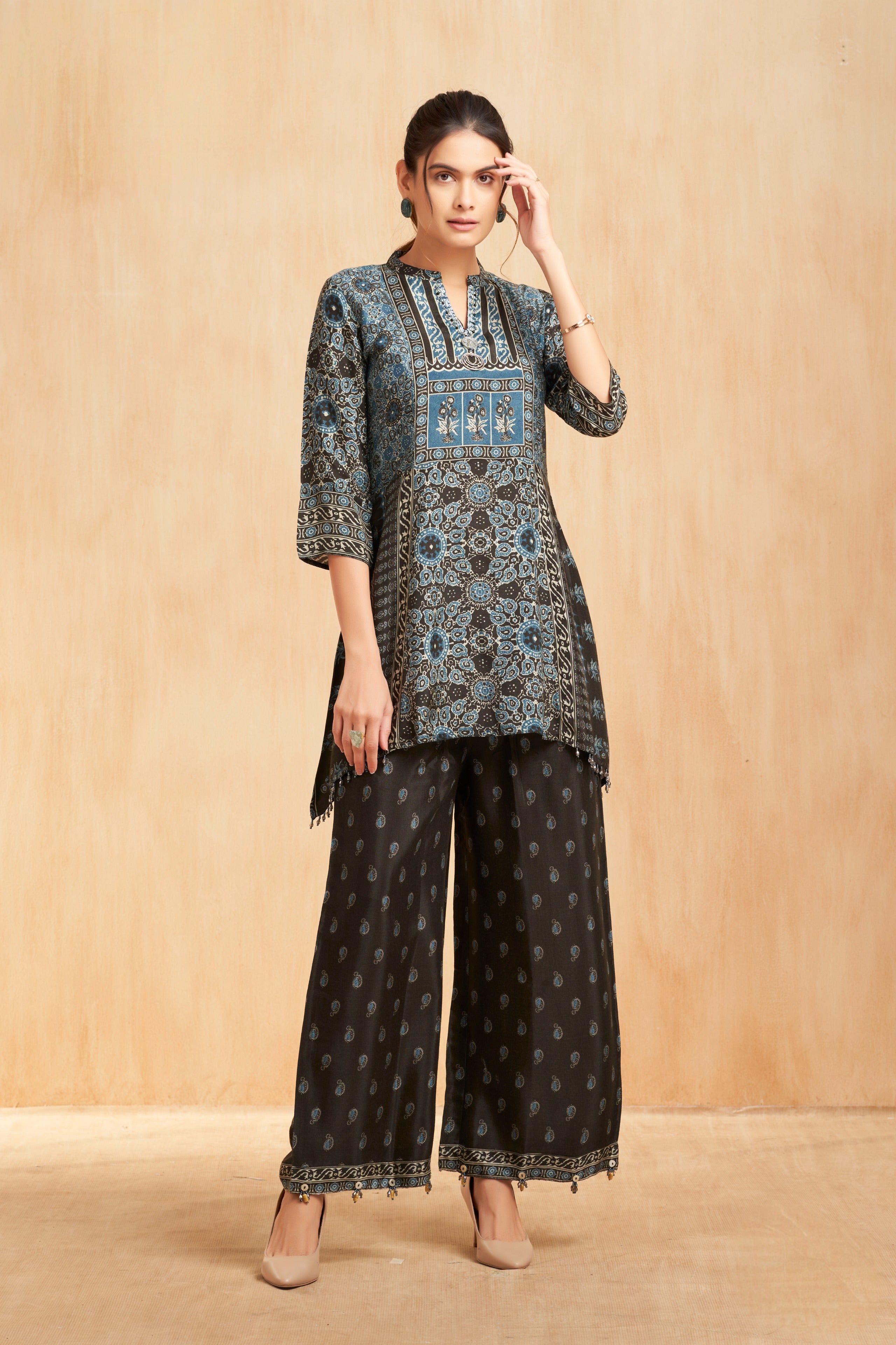 Midnight Indigo Printed Silk Kurta Set with Ethnic Panel Motifs