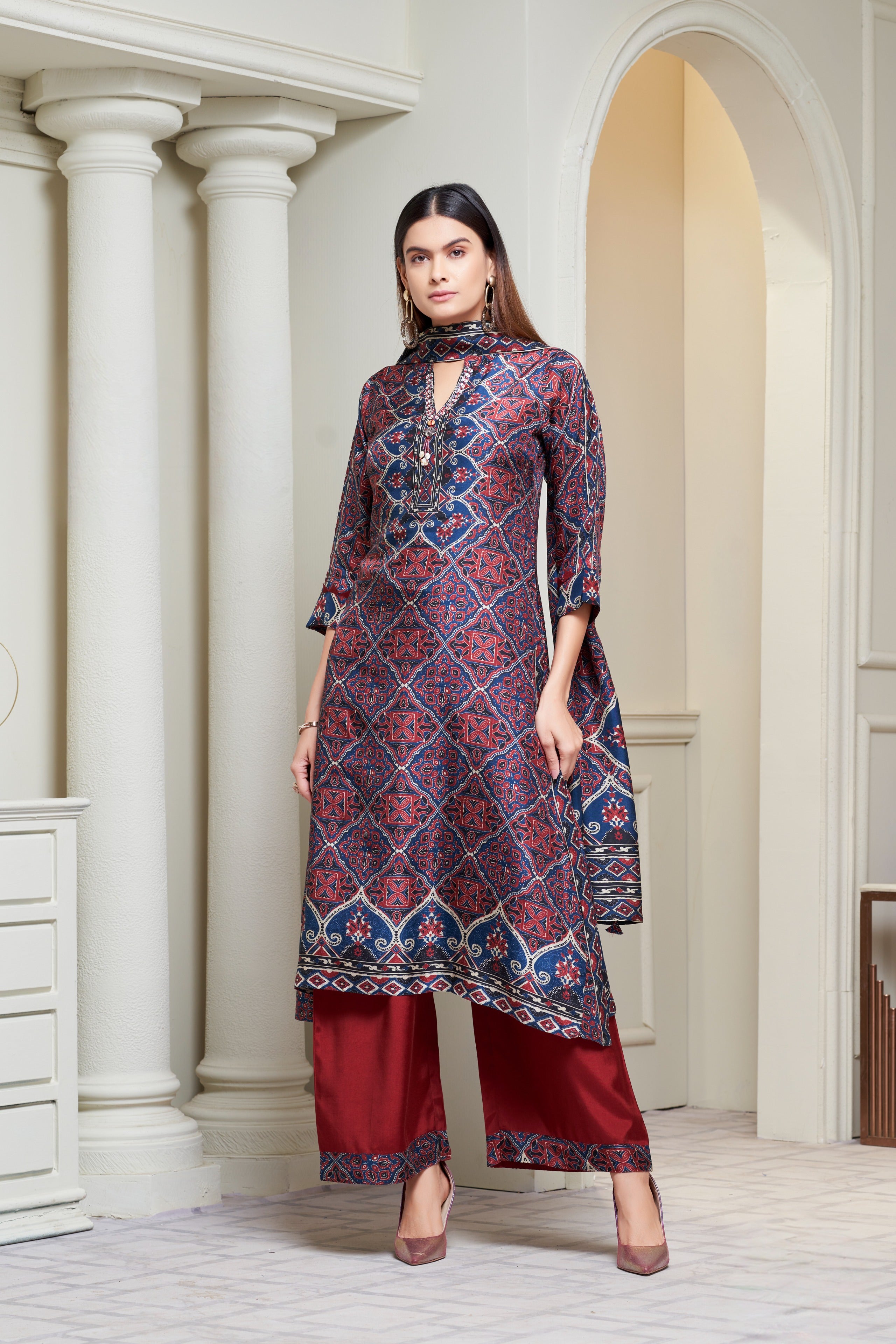 Indigo & Maroon Printed Crepe Kurta Set with Ethnic Dupatta