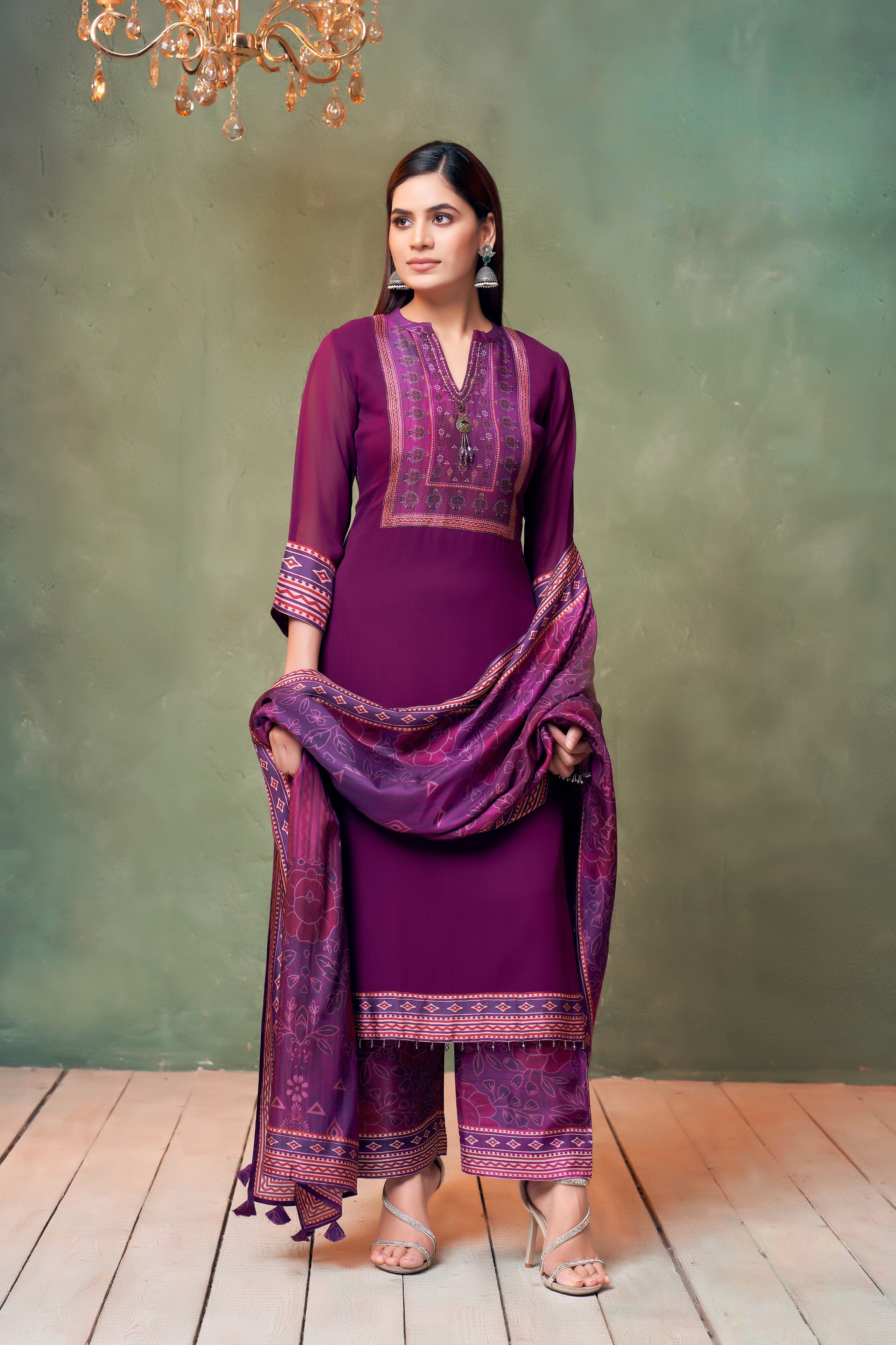 Wine Purple Printed Georgette Kurta Set with Coordinated Dupatta