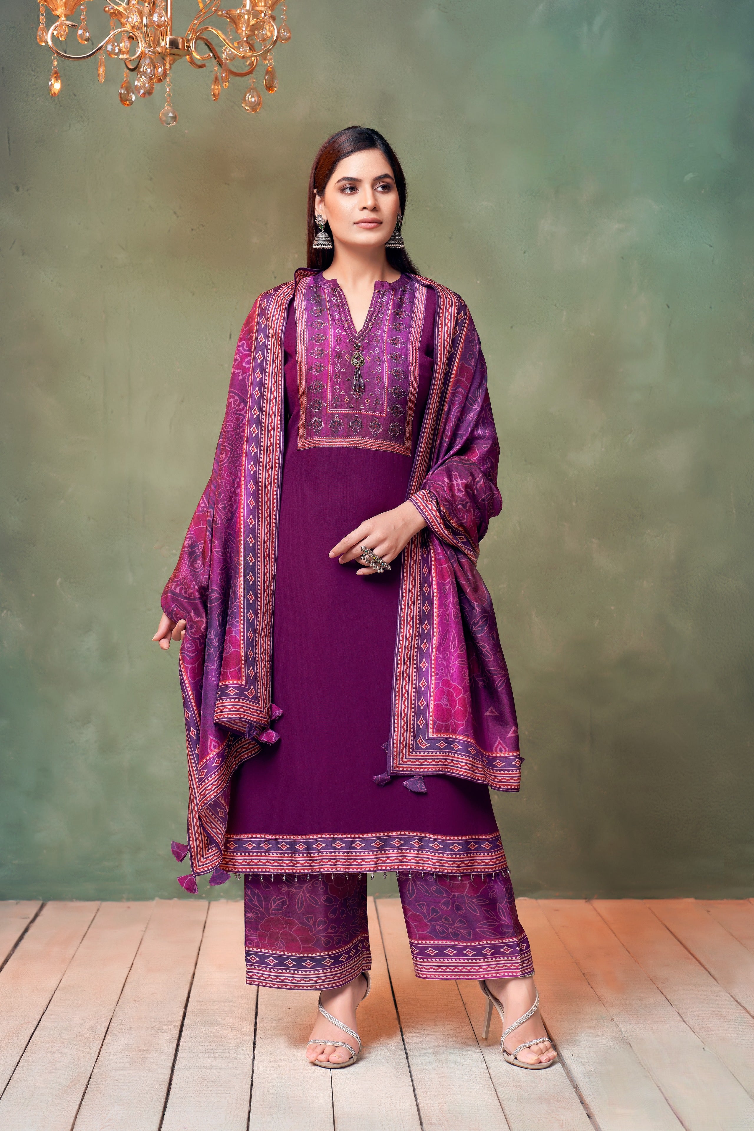 Wine Purple Printed Georgette Kurta Set with Coordinated Dupatta