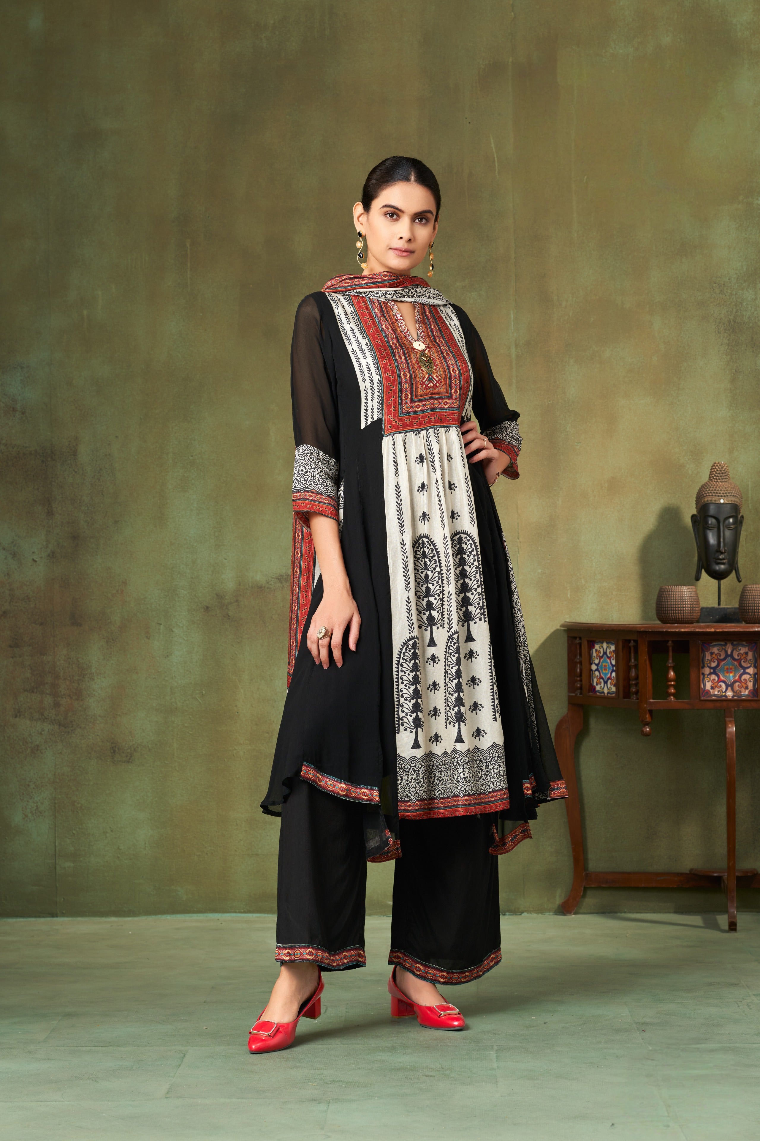 Black & Ivory Printed Georgette Kurta Set with Rust Ajrakh Accents