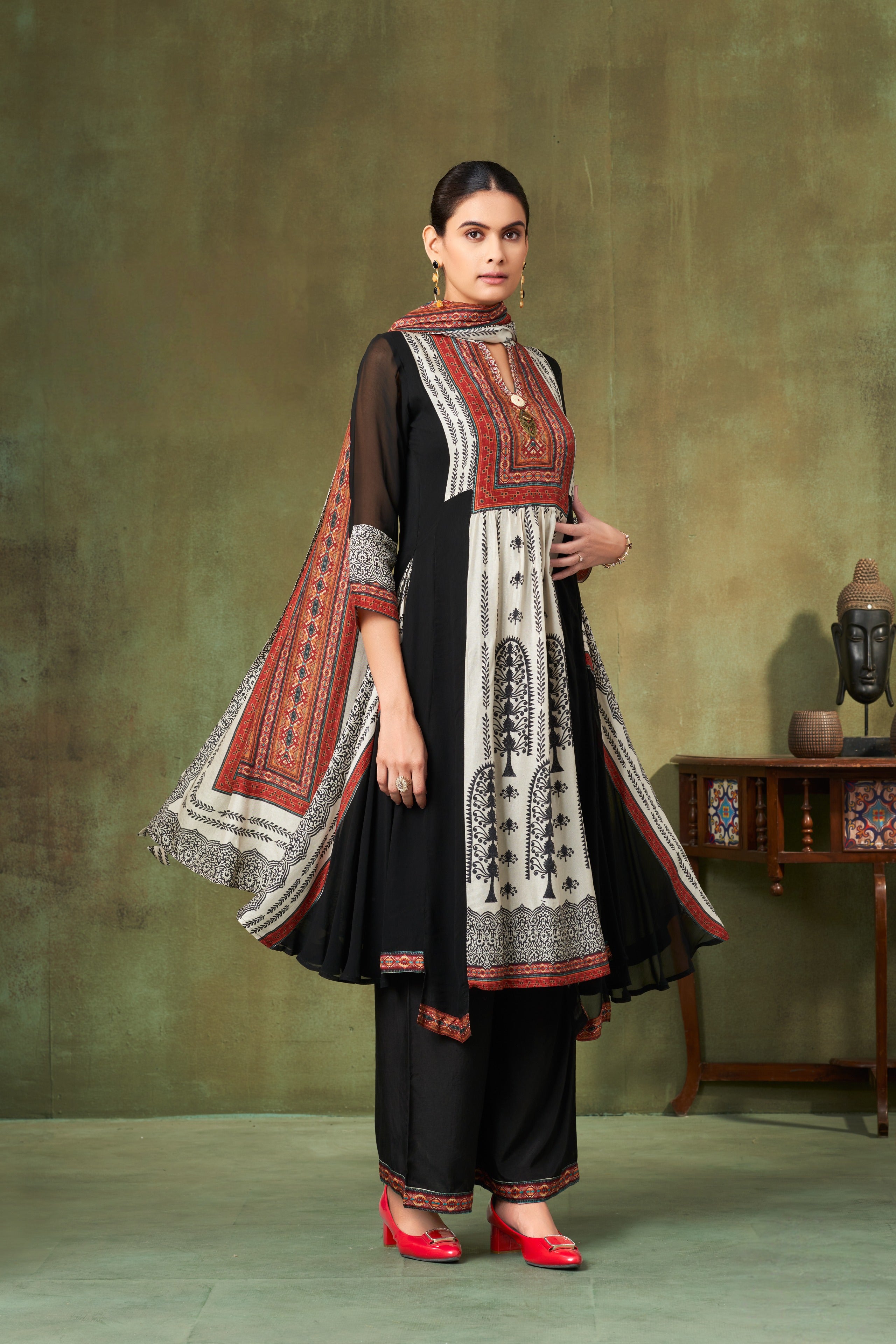 Black & Ivory Printed Georgette Kurta Set with Rust Ajrakh Accents