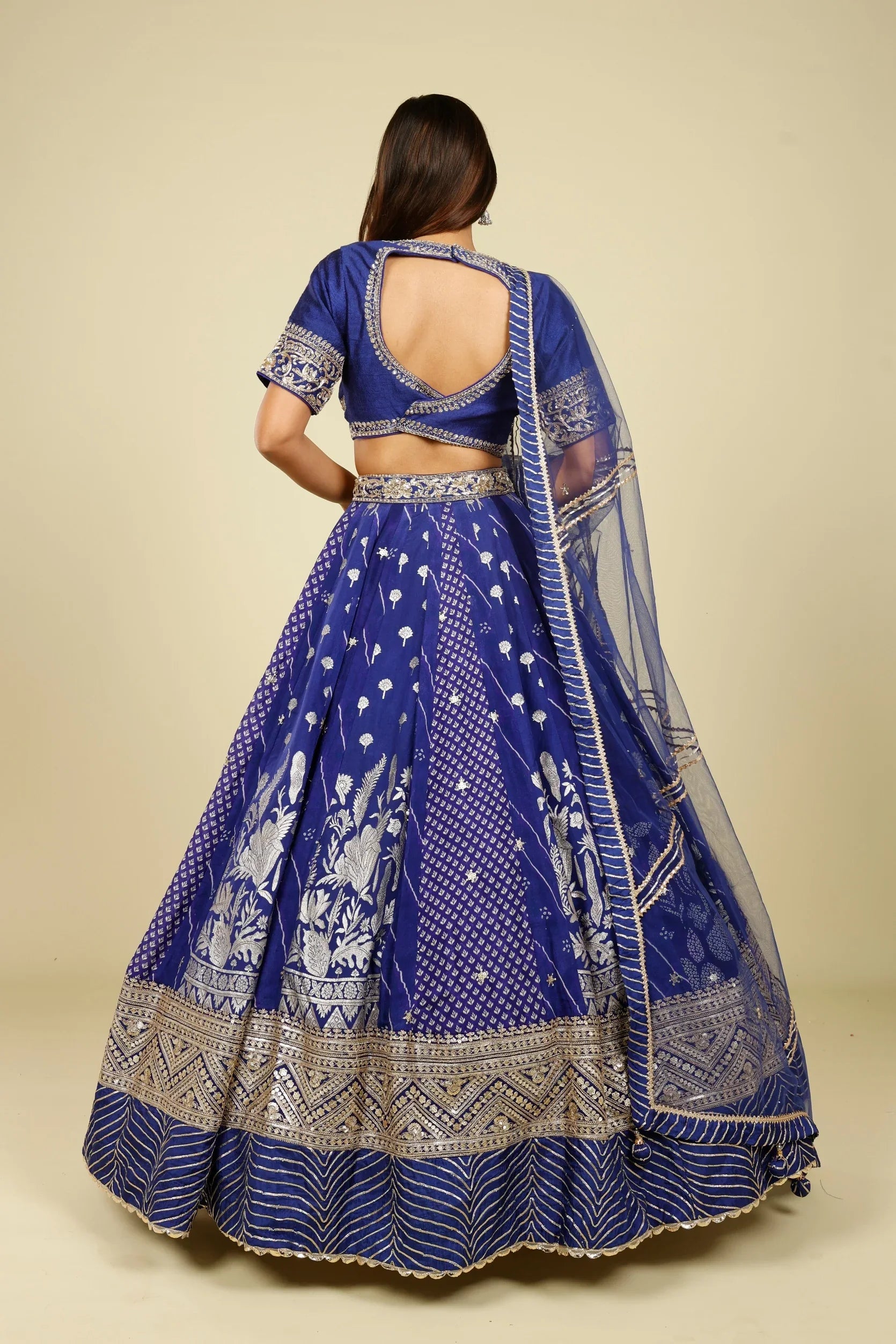 Royal Blue Printed Crepe Silk Lehenga Set with Zardozi & Gota Embroidery | Mokshaa