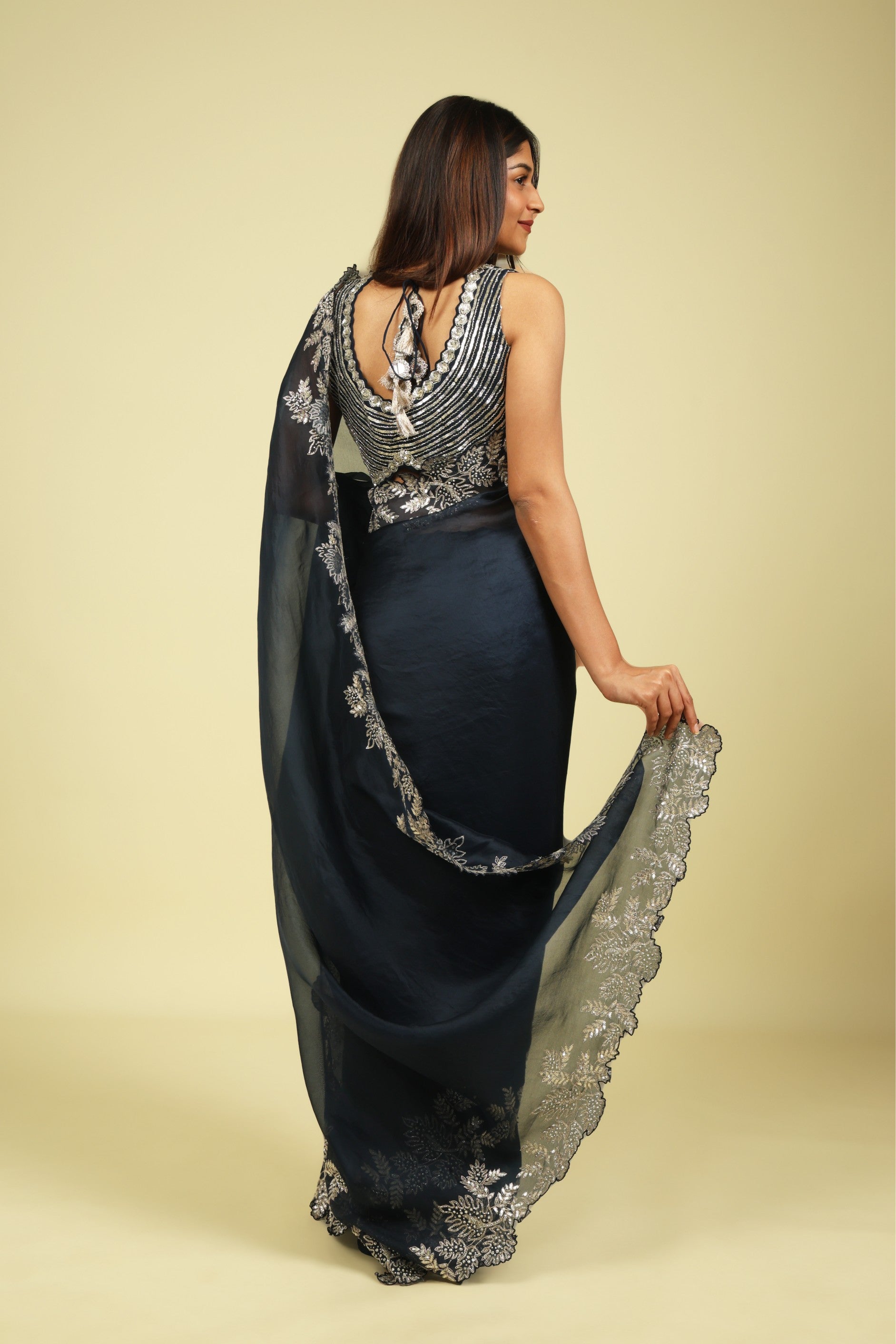 Navy Blue Organza Saree with Aari Beads, Sequins & Fancy Cut Border