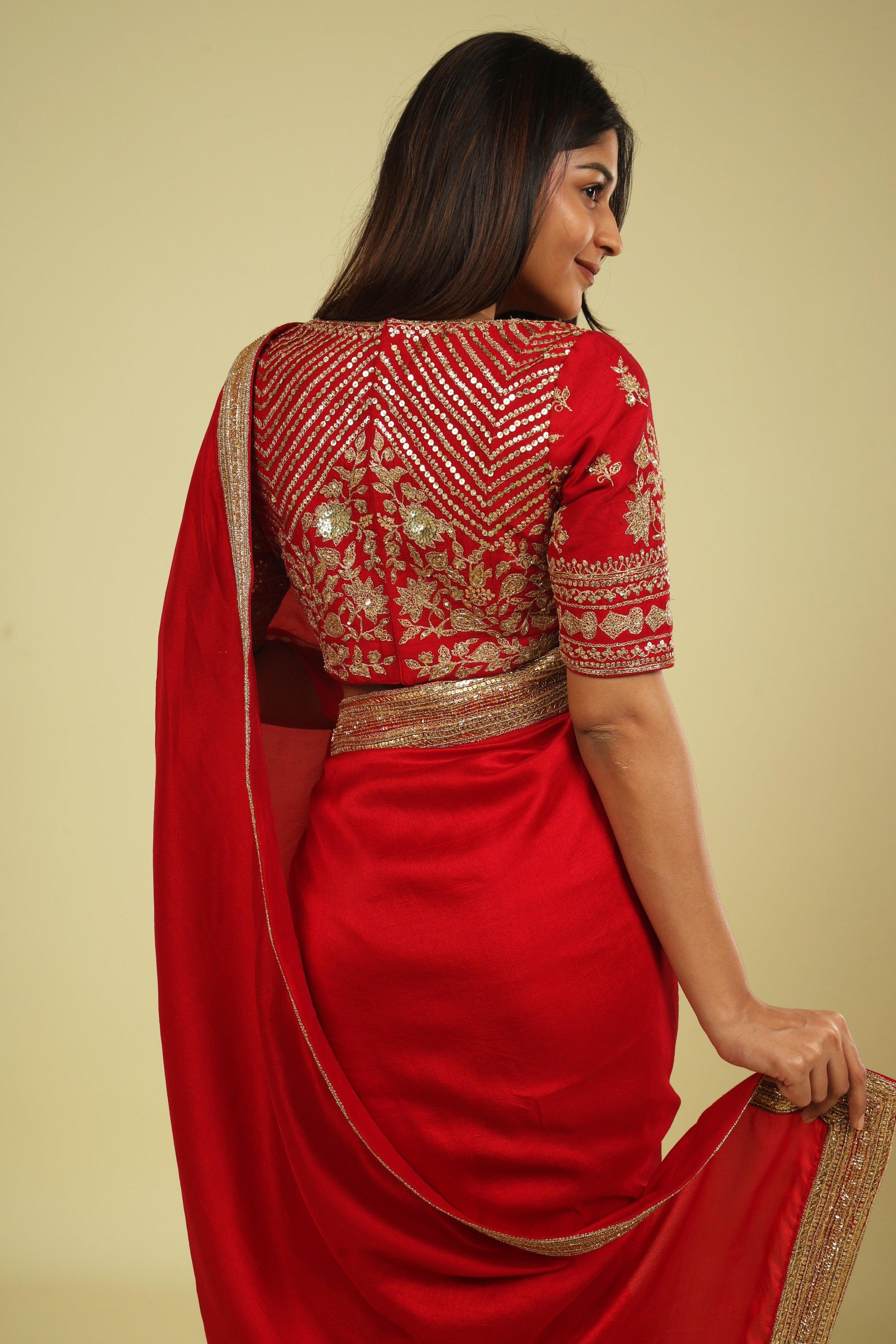 Red Tussar Georgette Saree with Bead & Sequin Border
