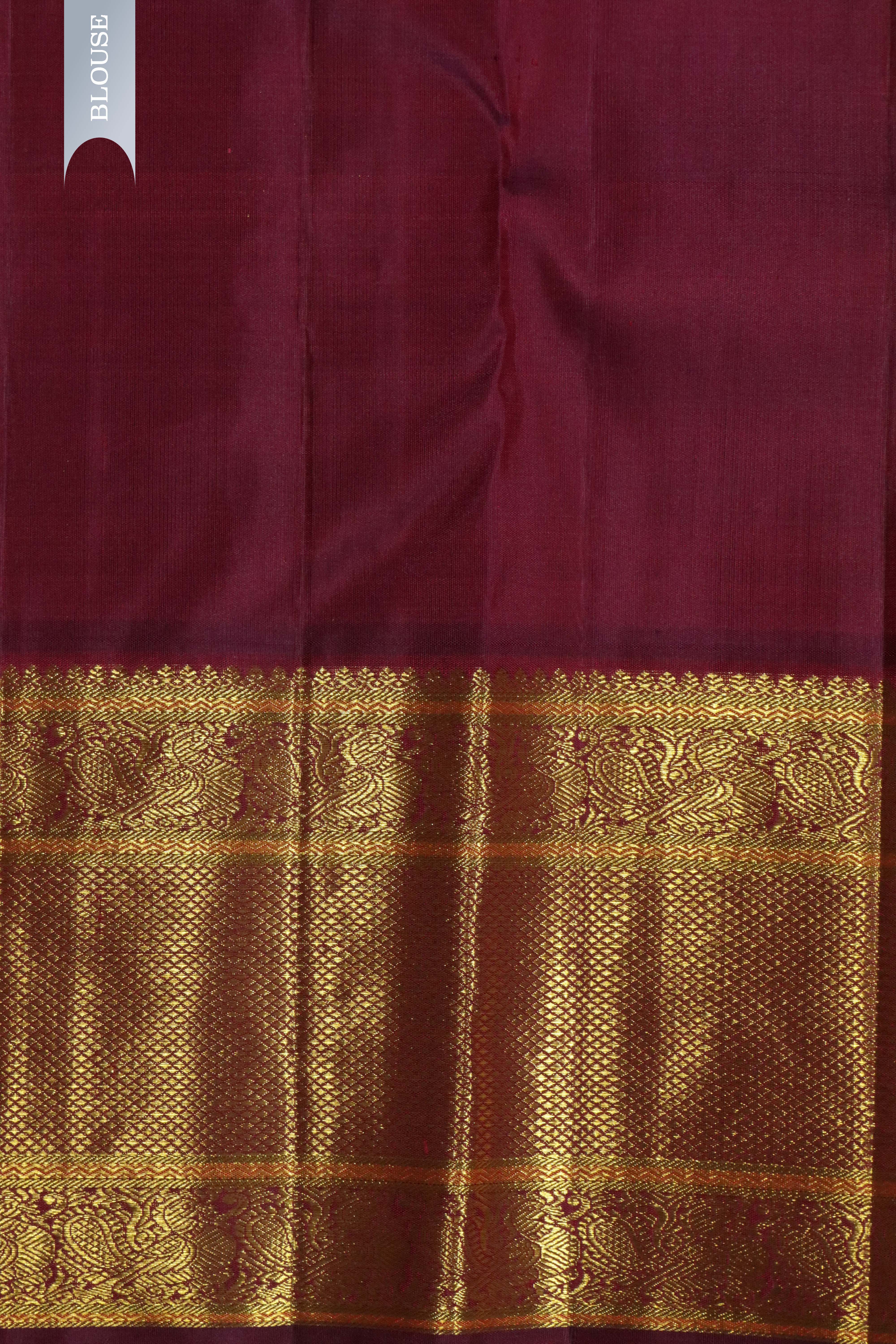 Beige Kanchipuram Silk Saree with Zari & Thread Motifs and Contrast Zari Border