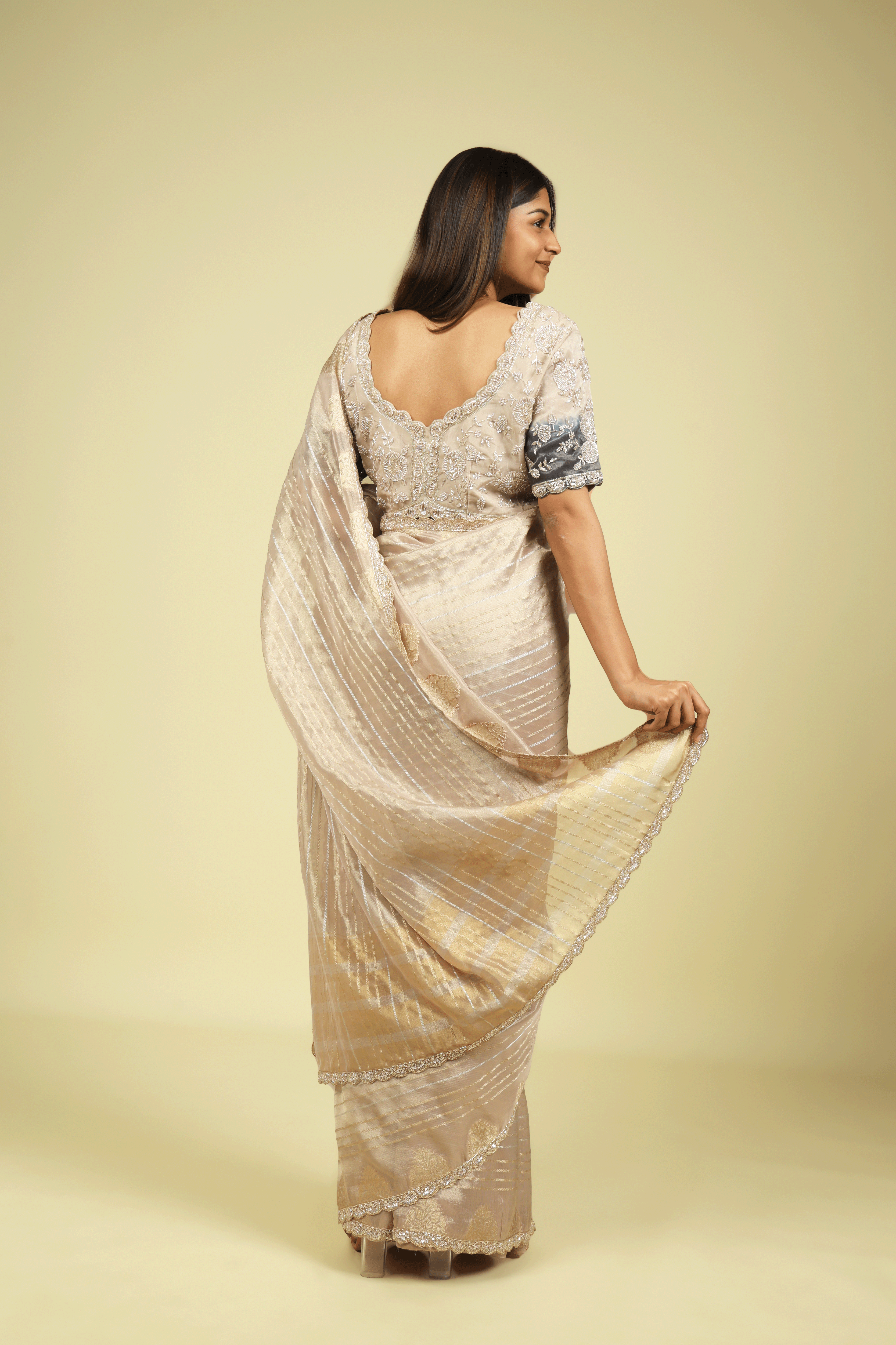 Rose Gold Tissue Saree with Gold & Silver Zari Stripes and Bead-Sequin Border
