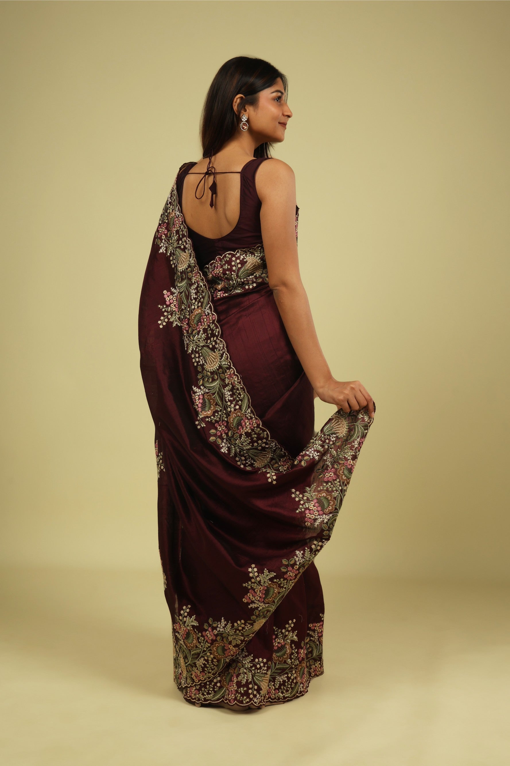 Dark Wine Handloom Tussar Saree with Multi-Thread Embroidered Border