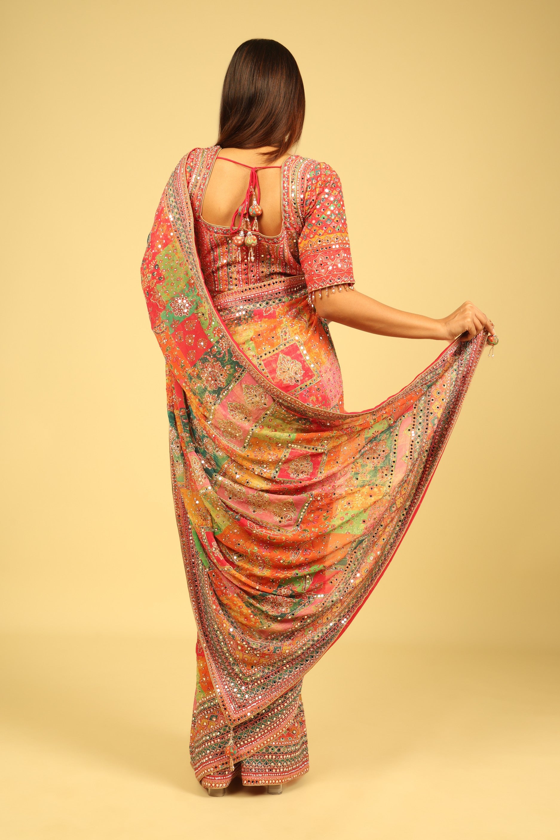 Multicolour Soft Georgette Saree with Digital Print, Sequin & Mirror Highlights