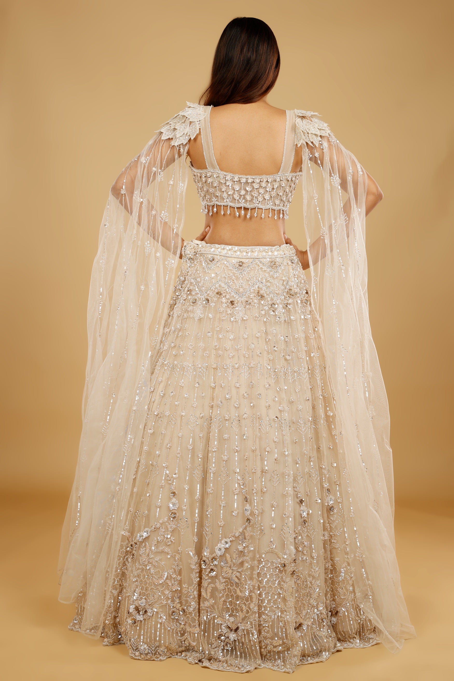 Beige Gold Net Lehenga Set with Sequin, Cutdana & Stone Embroidery