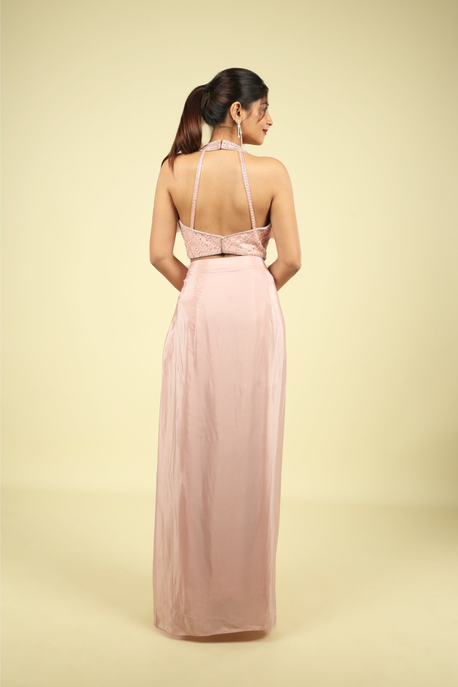 Blush Pink Halter Neck Embellished Drape Skirt Set