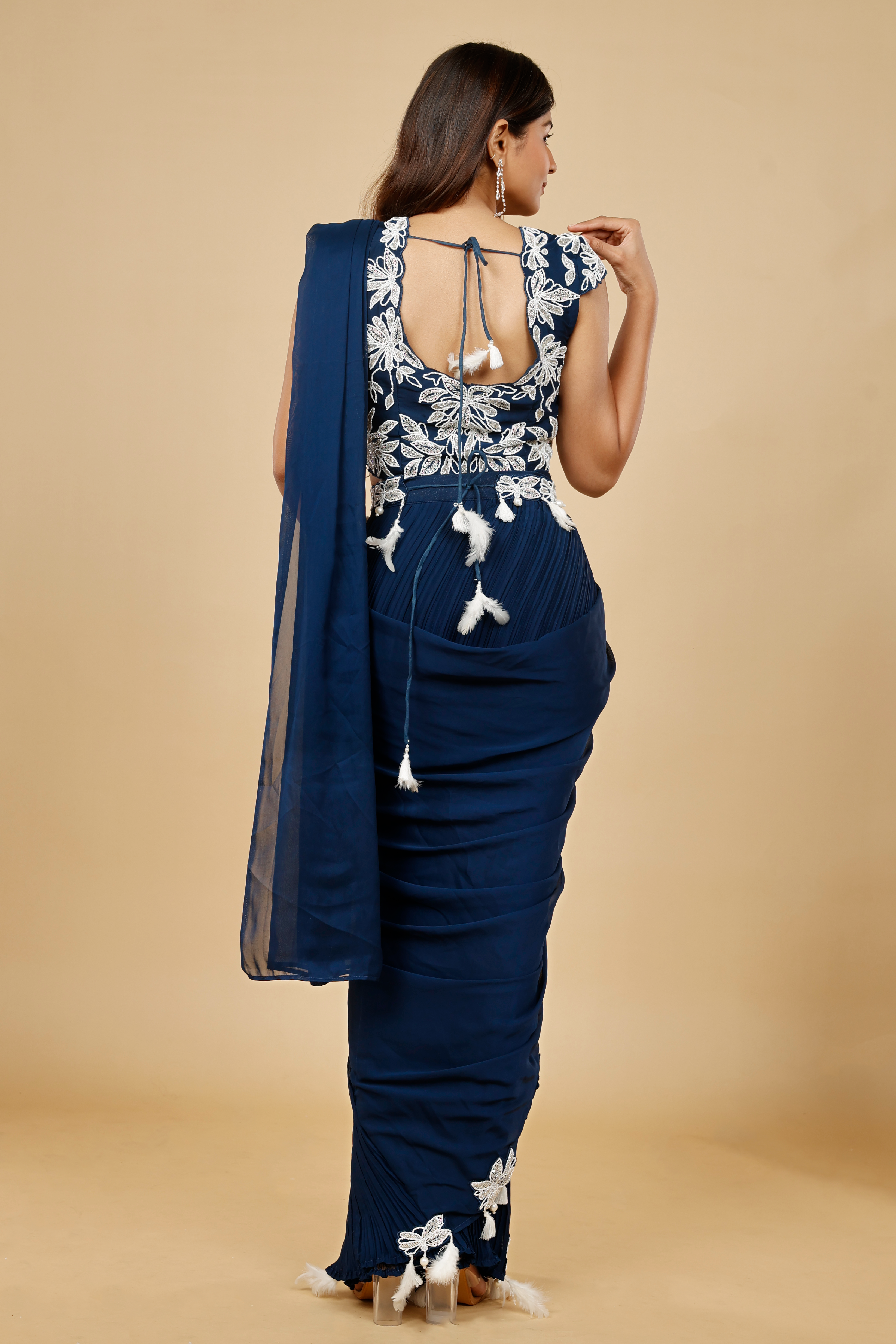 Navy Blue Organza Drape Saree with Kutdana & Pearl Embroidery