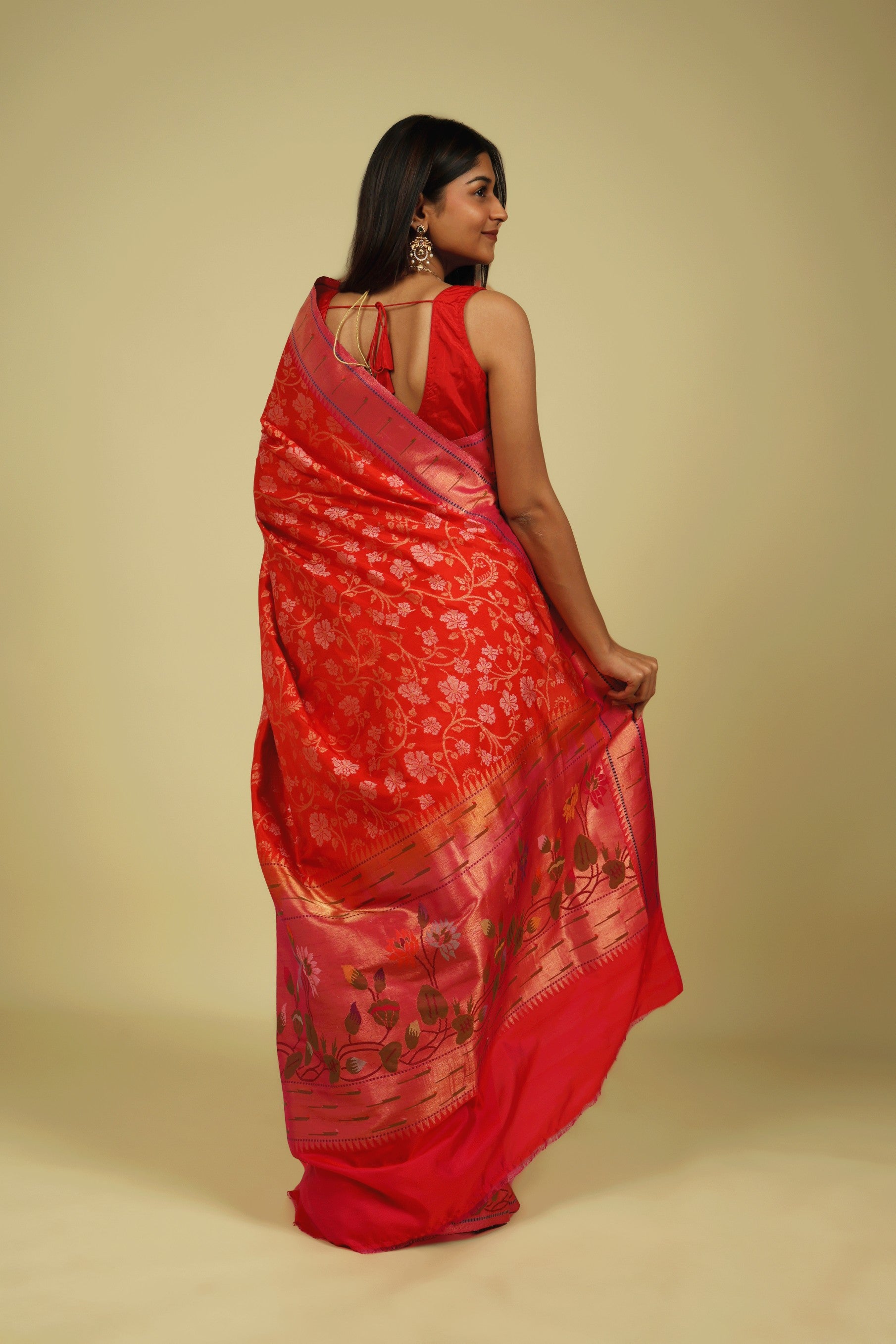 Orange Banarasi Silk Saree with Gold & Silver Zari Jaal and Jamdani Border