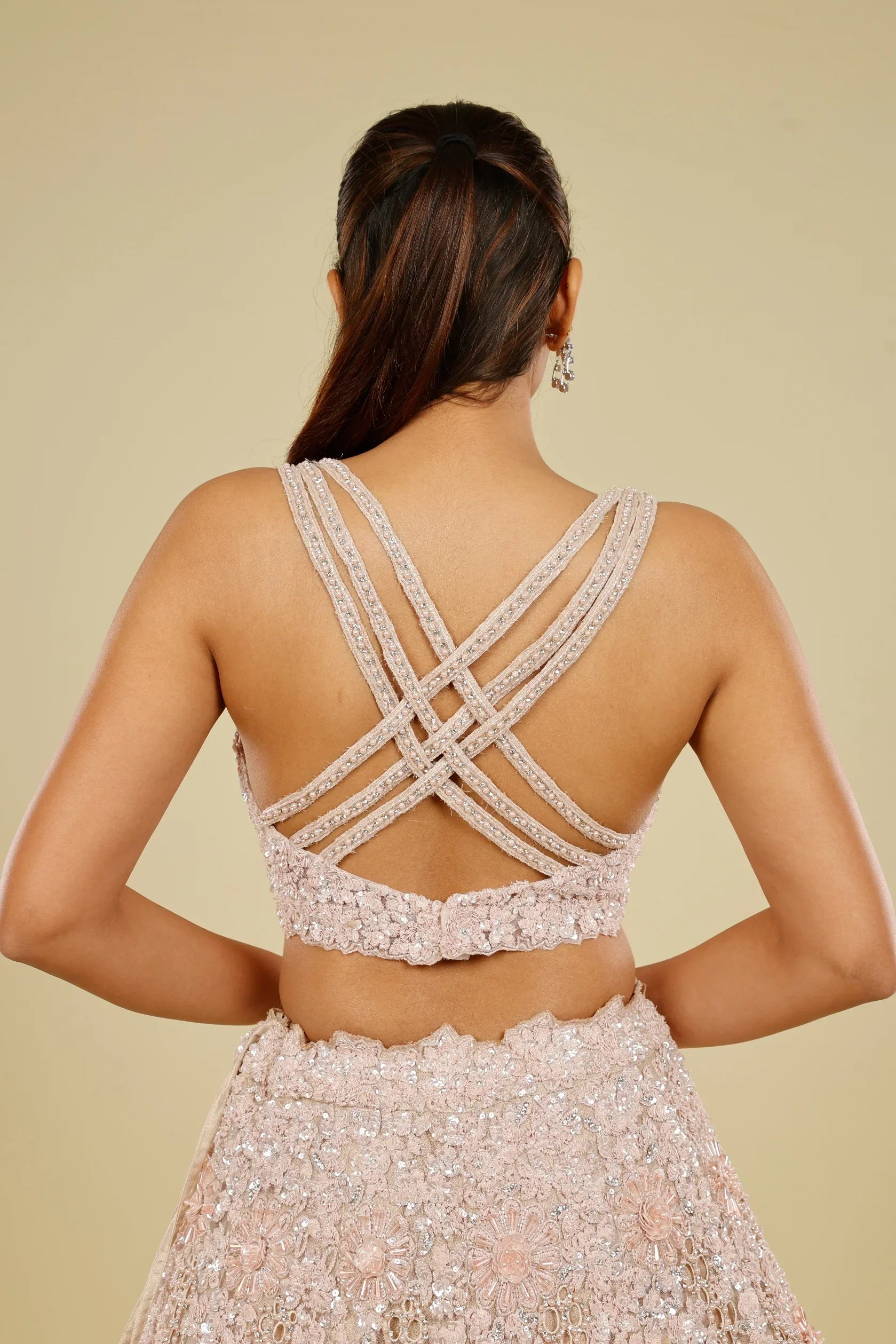 Blush Pink Net Cutwork Lehenga Set with Sequin, Stone & Pearl Embroidery