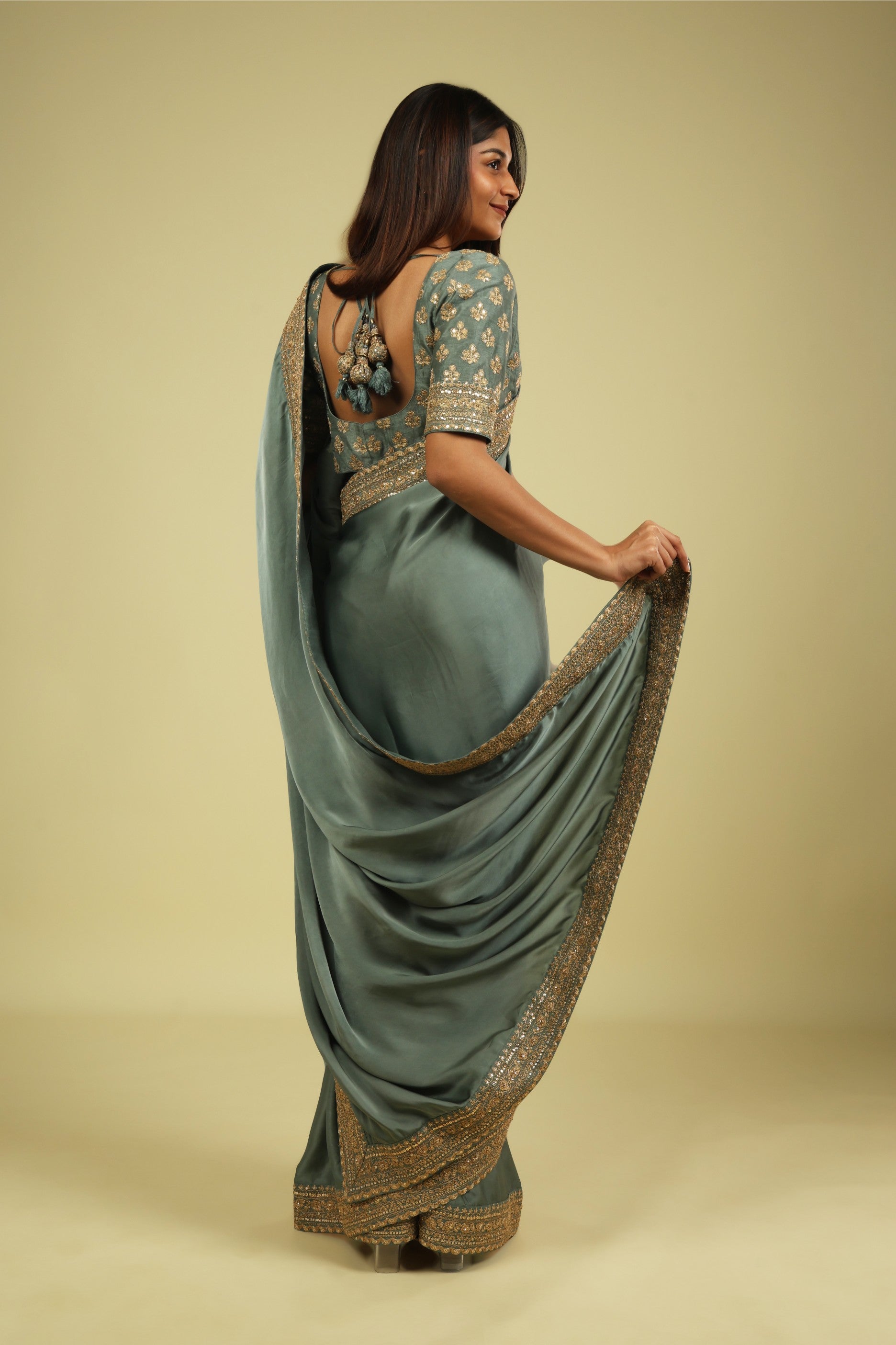 Powder Blue Satin Saree with Zari Thread Border & Zari Motif Blouse