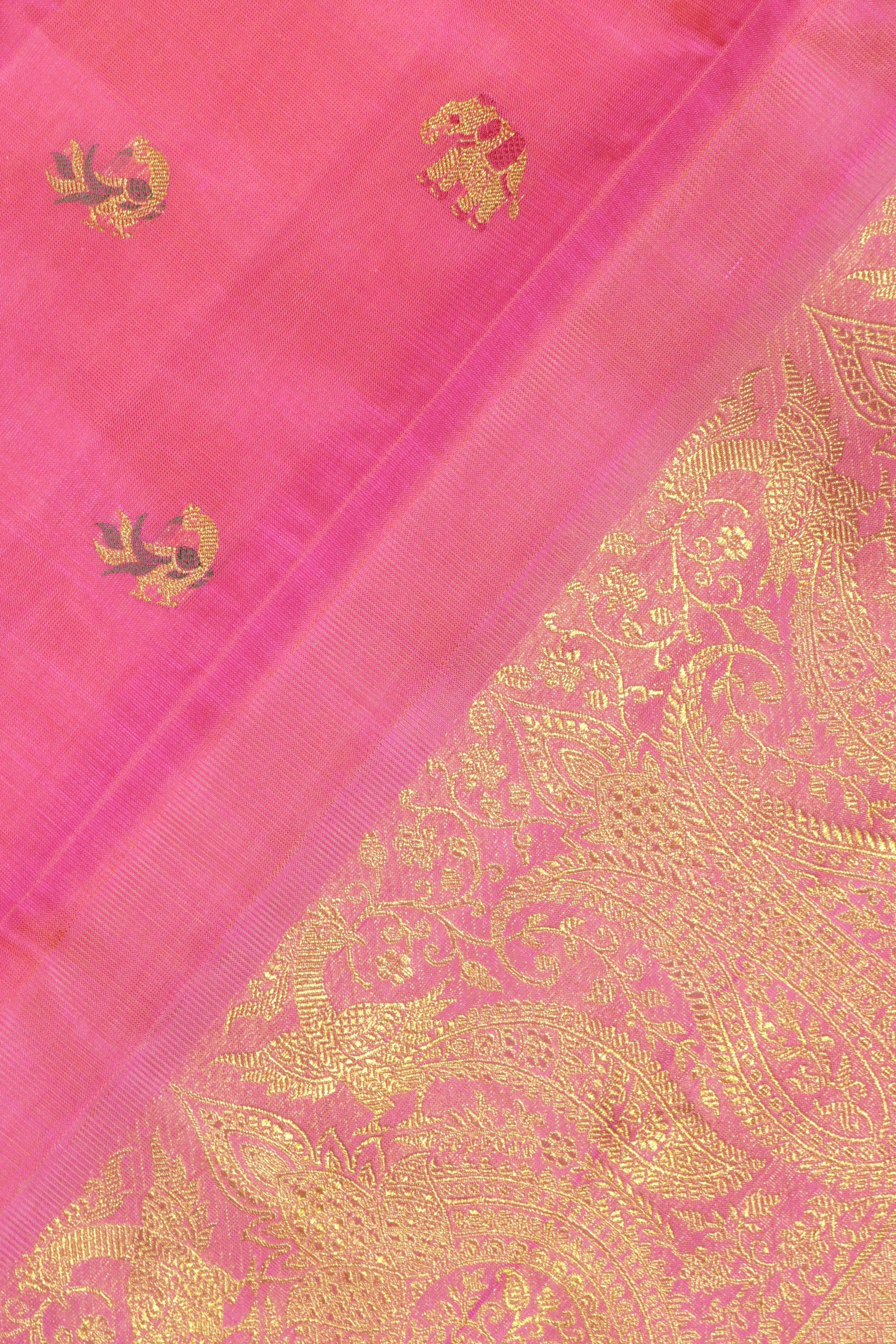 Shaded Pink Kanchipuram Silk Saree with Peacock & Elephant Motifs and Fancy Border - Mokshaa