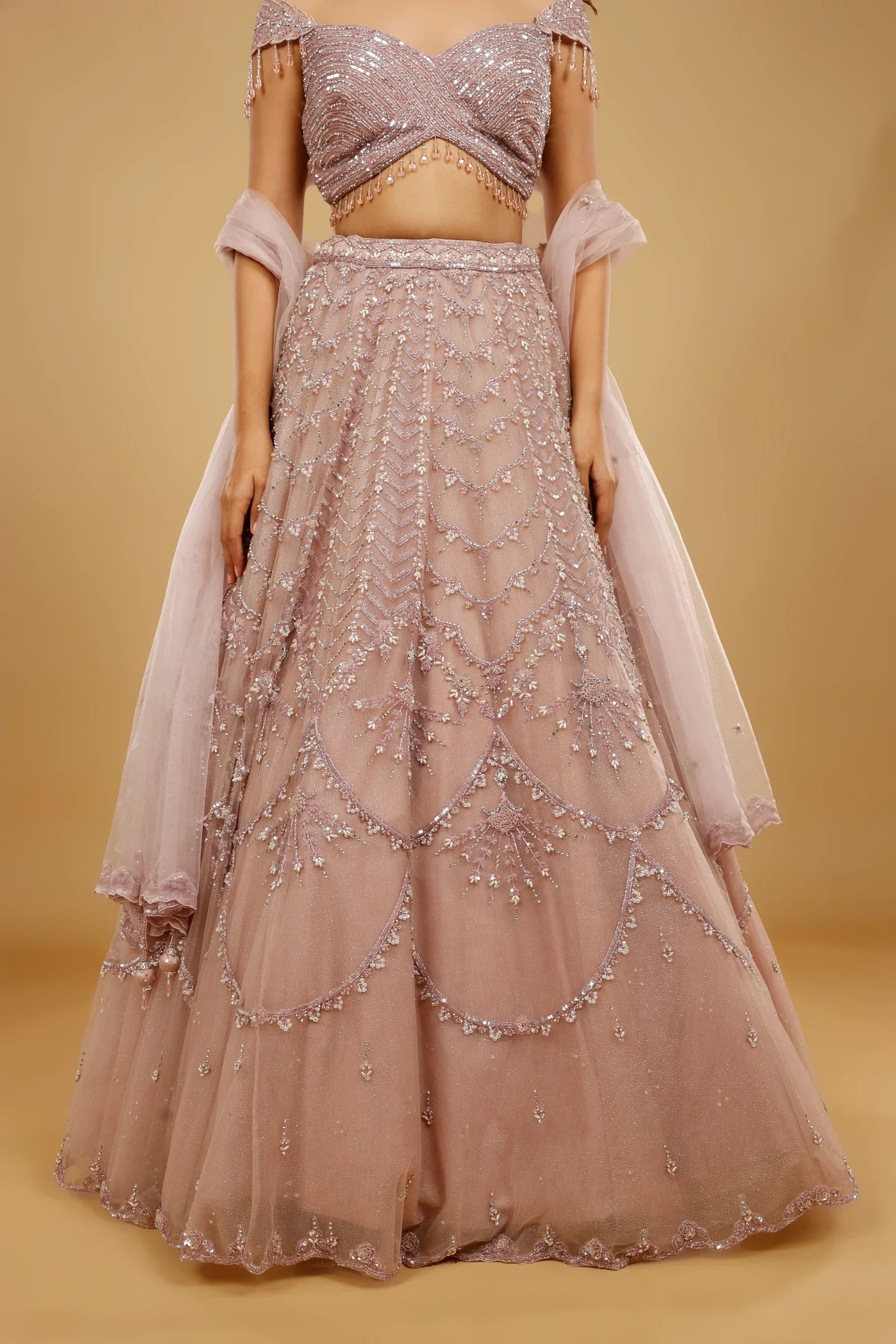 Mauve Net Lehenga Set with Sequin, Pearl & Cutdana Embroidery