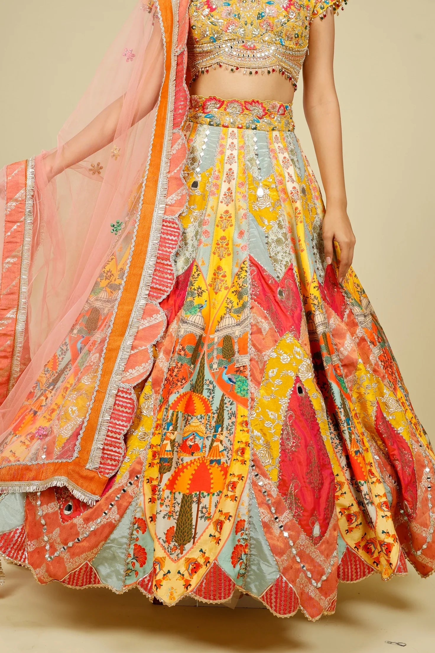 Multicolour Printed Silk Patchwork Lehenga Set with Mirror & Zari Embroidery | Mokshaa