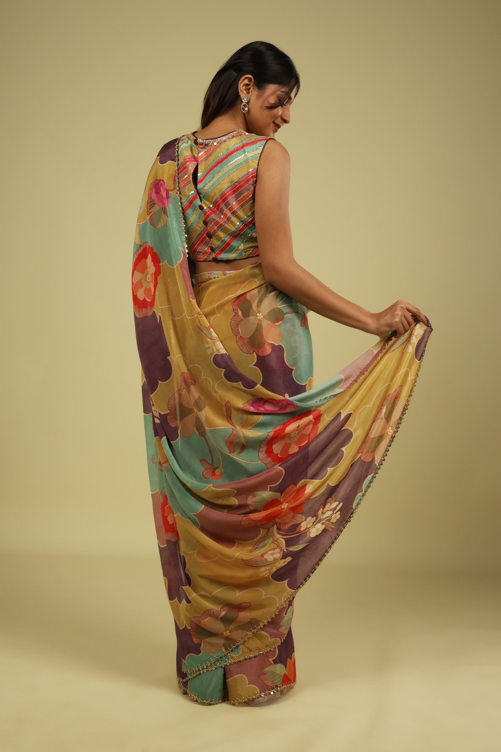 Multicolour Silky Georgette Saree with Digital Print & Bead-Sequin Border