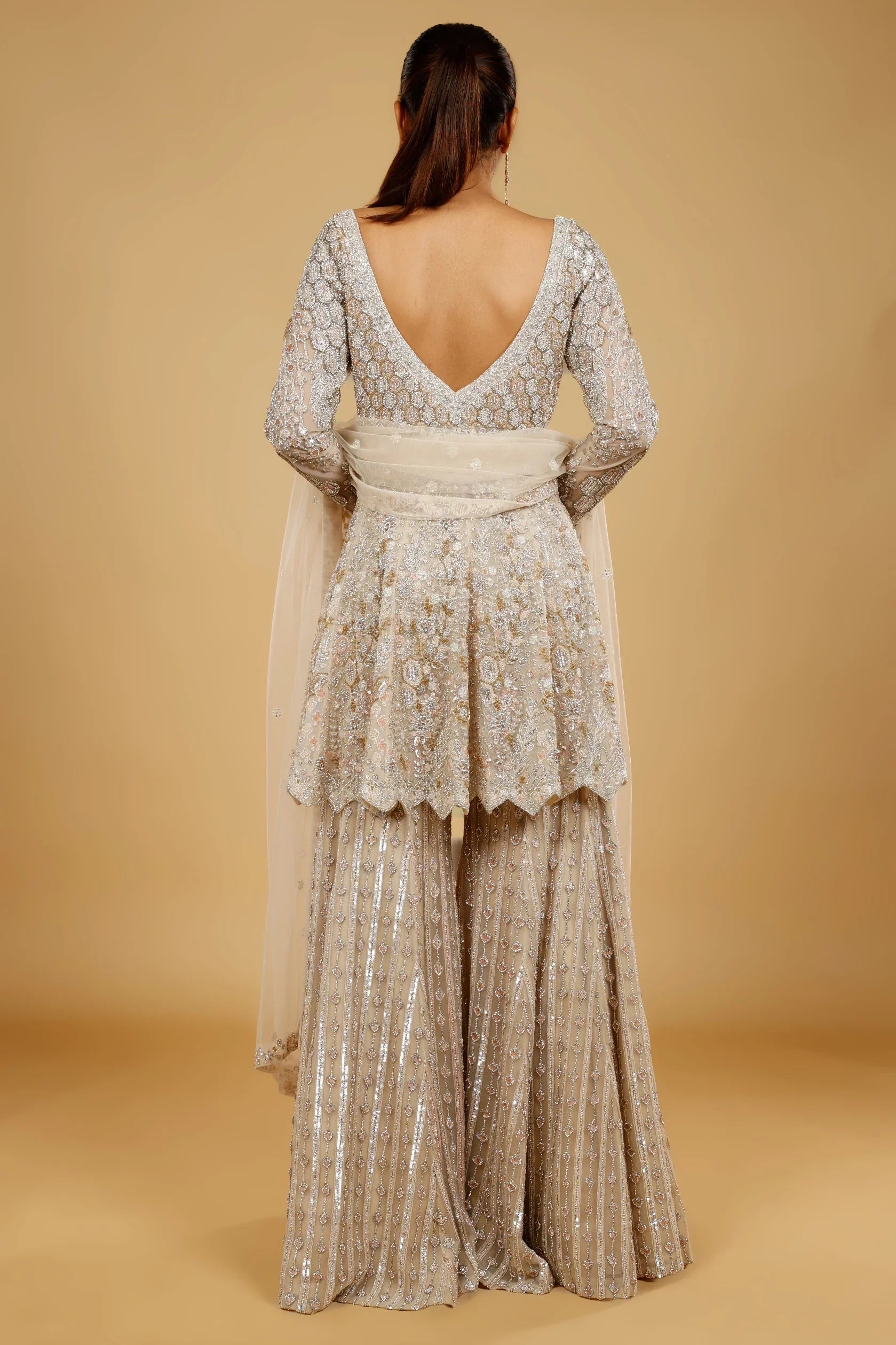 Ivory Net Sharara Set with Stone, Kundan & Sequin Embroidery