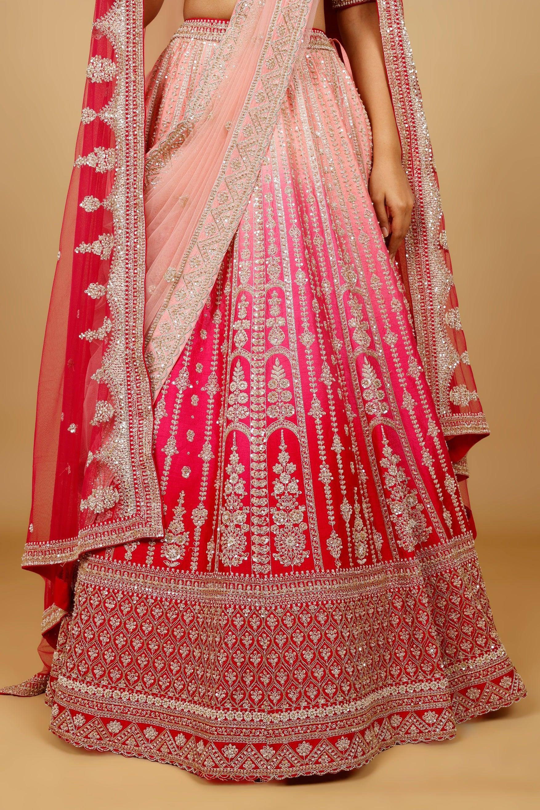 Pink Ombre Raw Silk Bridal Lehenga Set with Zari, Sequin & Zardozi Embroidery
